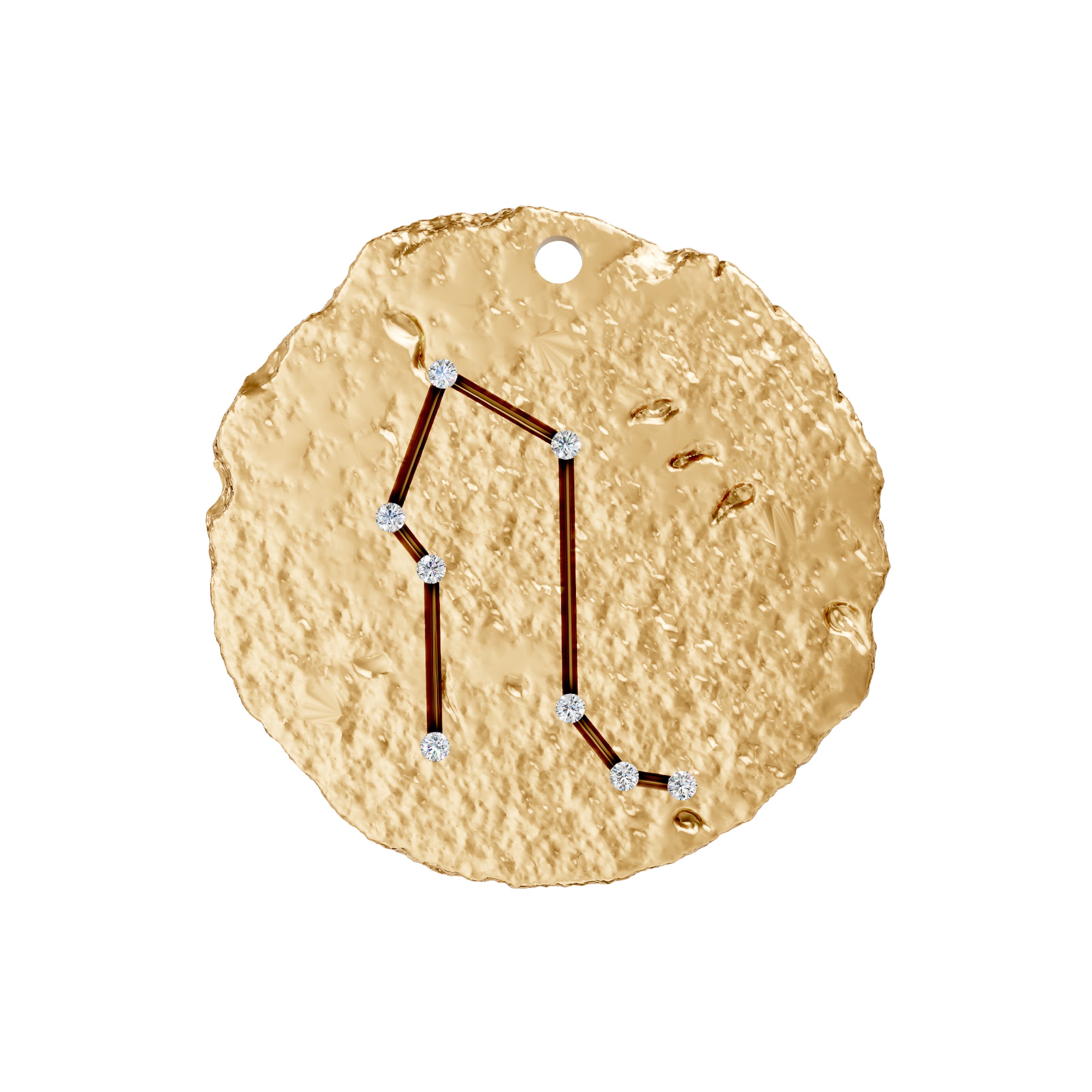 Gold pendant with gemini star constellation design on a white background