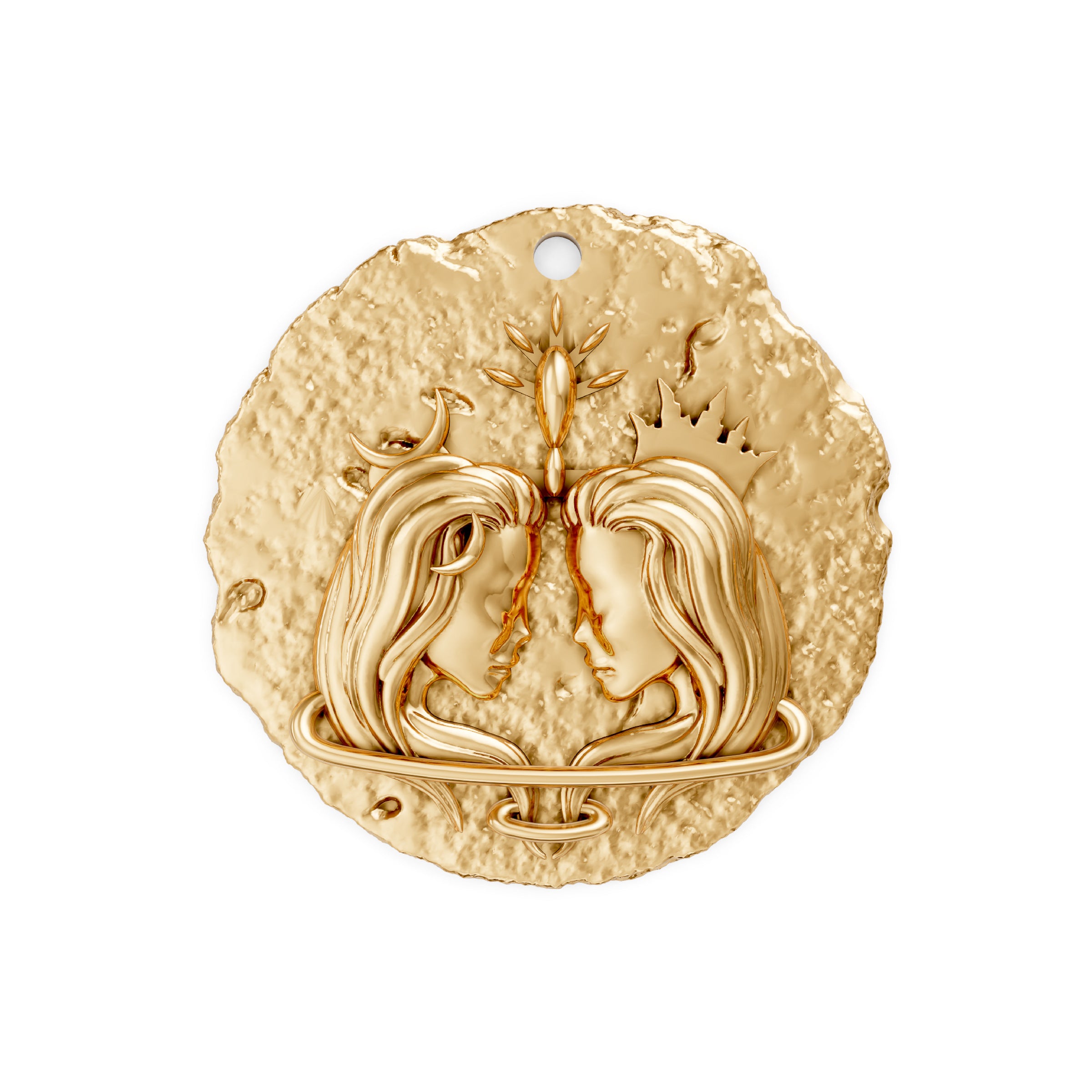Gold Gemini zodiac pendant with two female faces side profile on white background