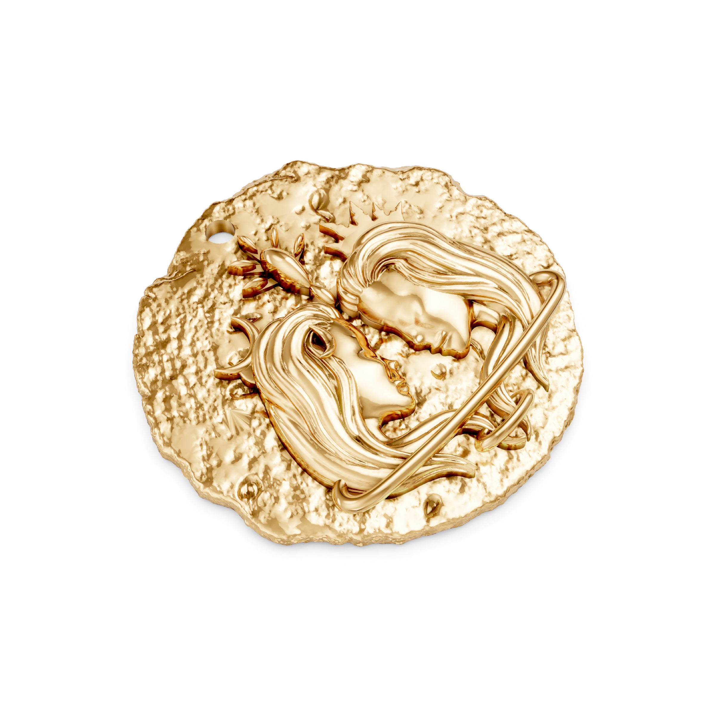 Gold Gemini zodiac pendant with two female faces side profile on white background