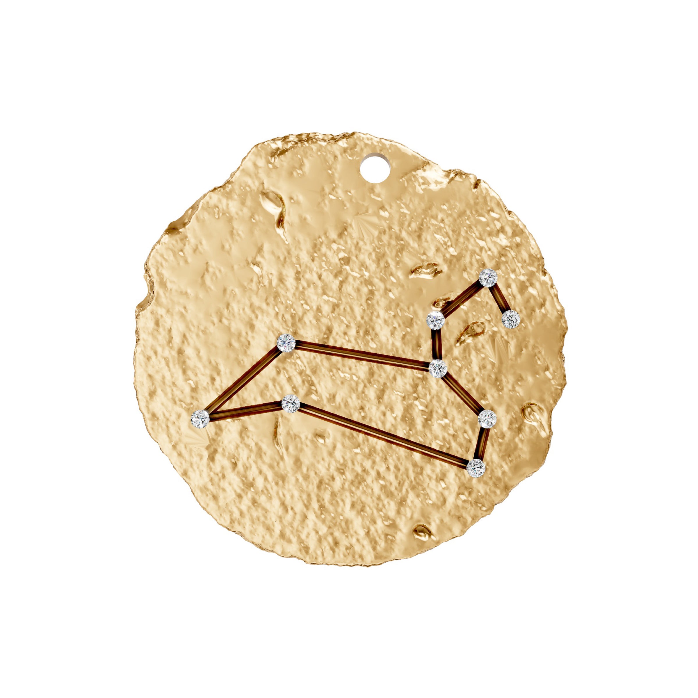 Gold pendant with leo zodiac star constellation design on a white background