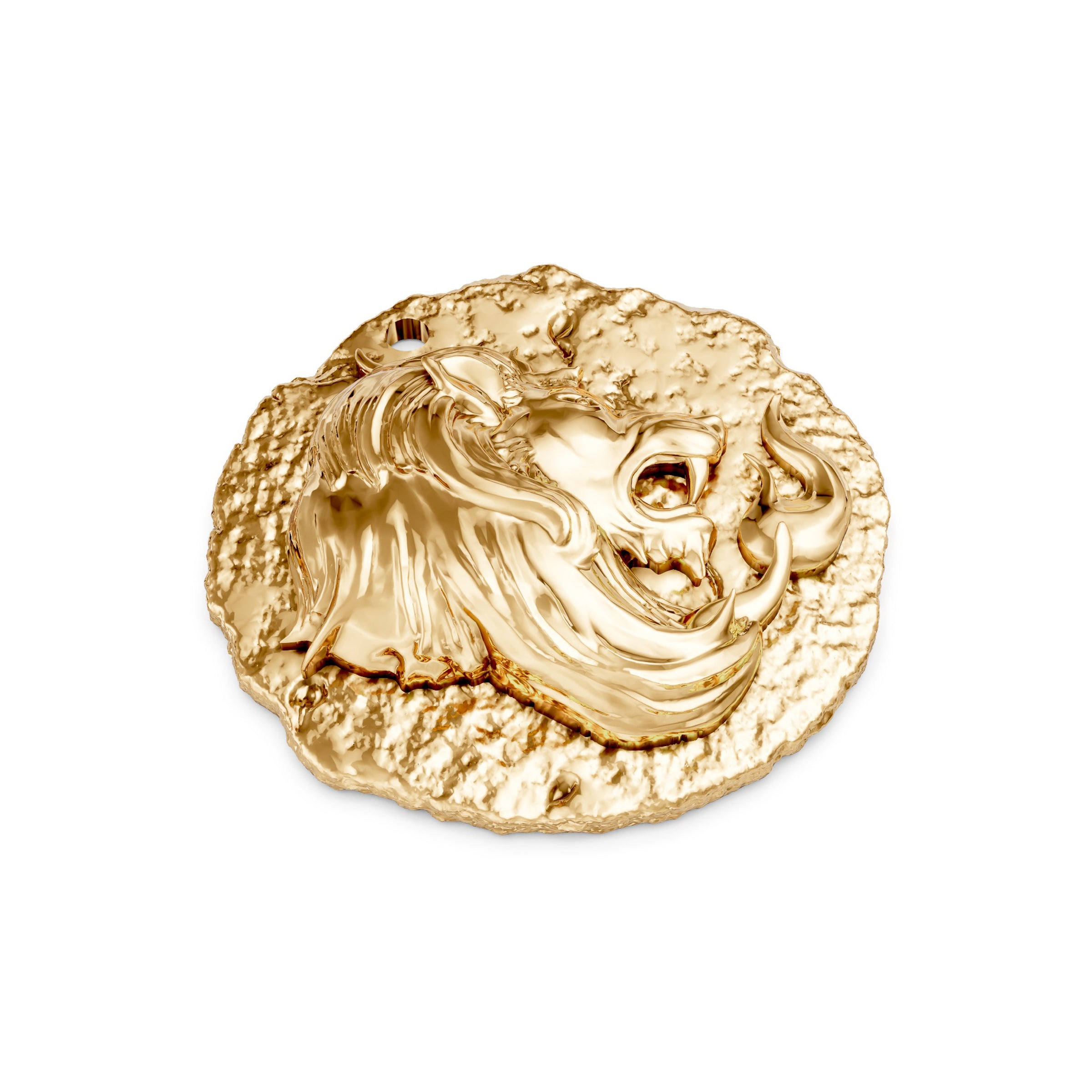 Gold zodiac leo pendant with a lion's head design on a white background