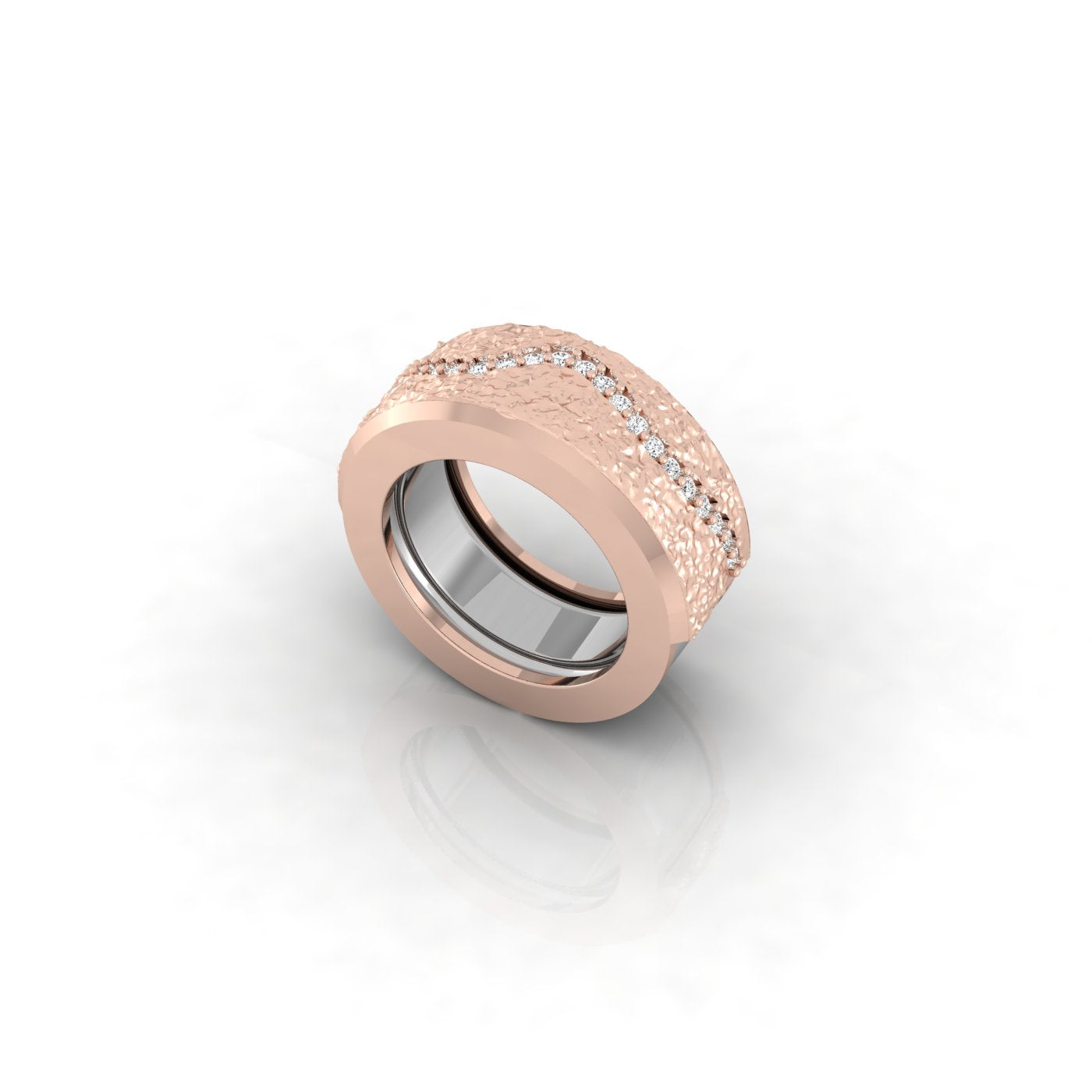 Rose gold ring with textured band and embedded stones on a white background