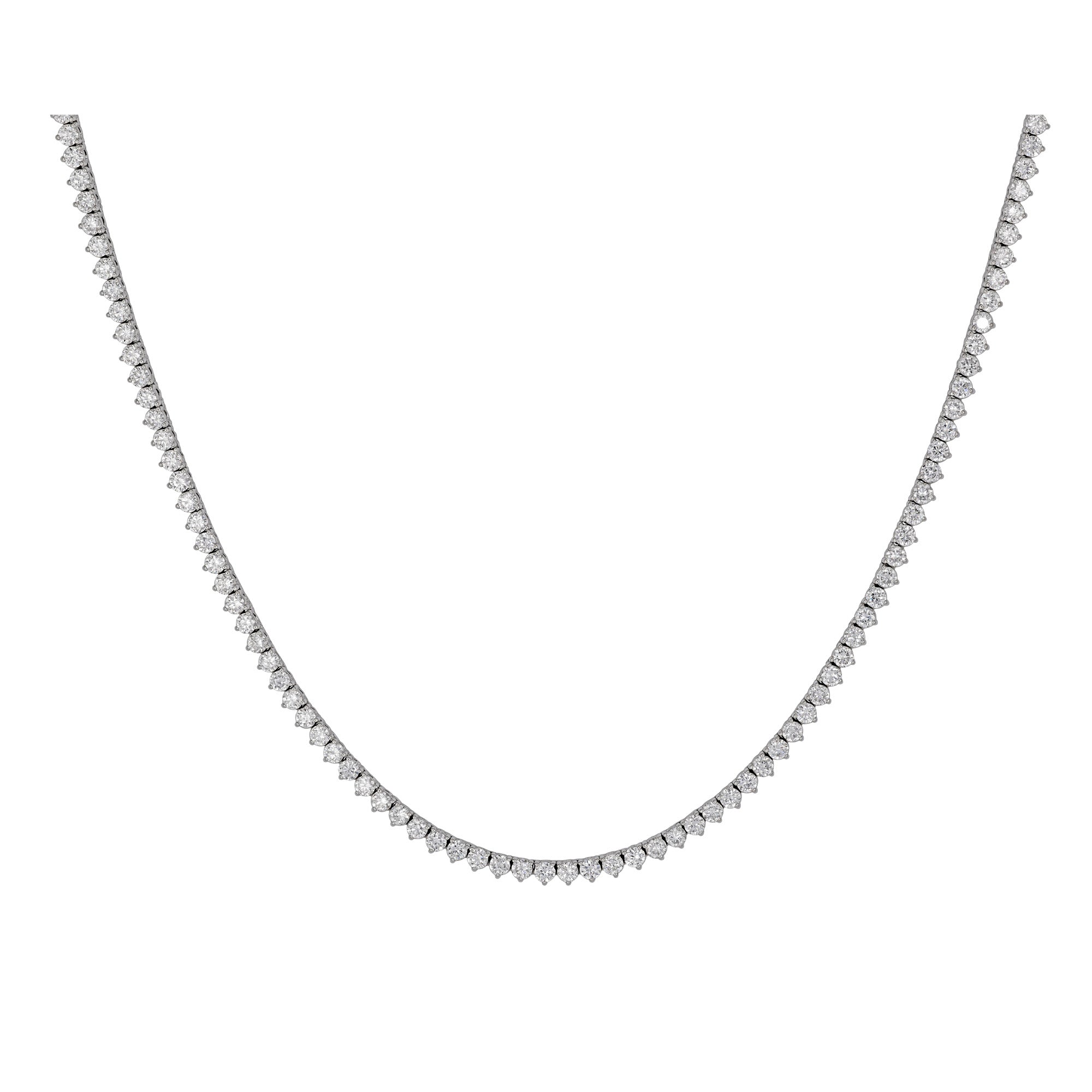 Diamond tennis necklace set in white gold on a white background