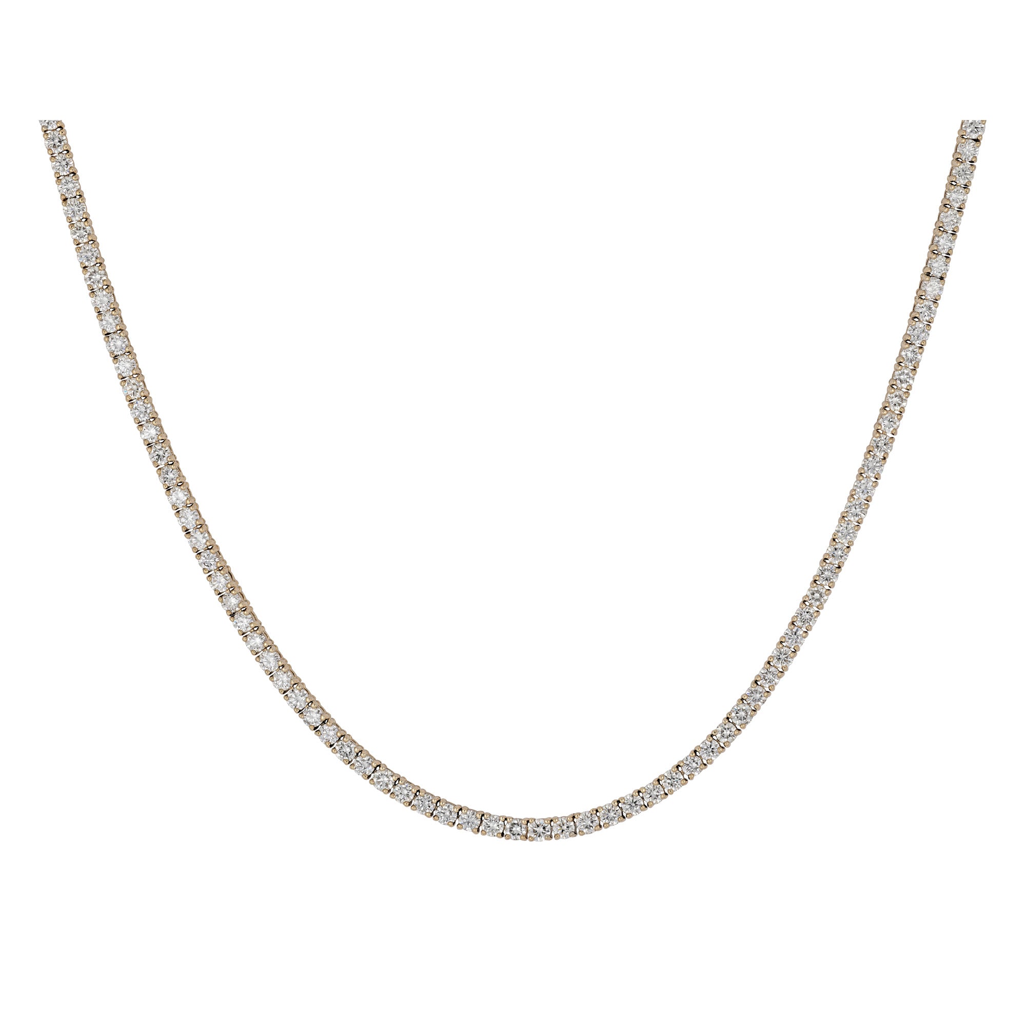 Diamond tennis necklace on a white background set in yellow gold