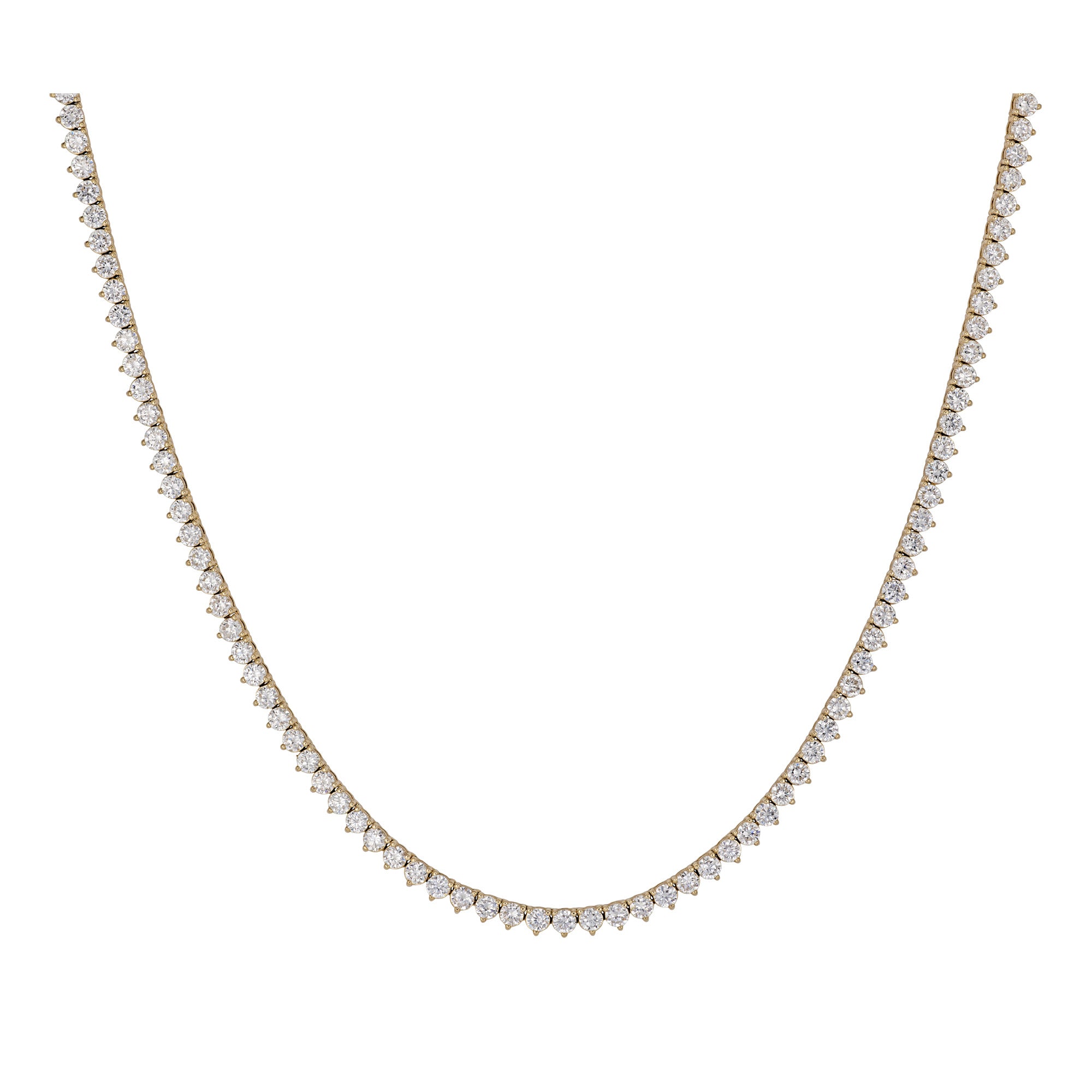 Diamond tennis necklace set in yellow gold on a white background