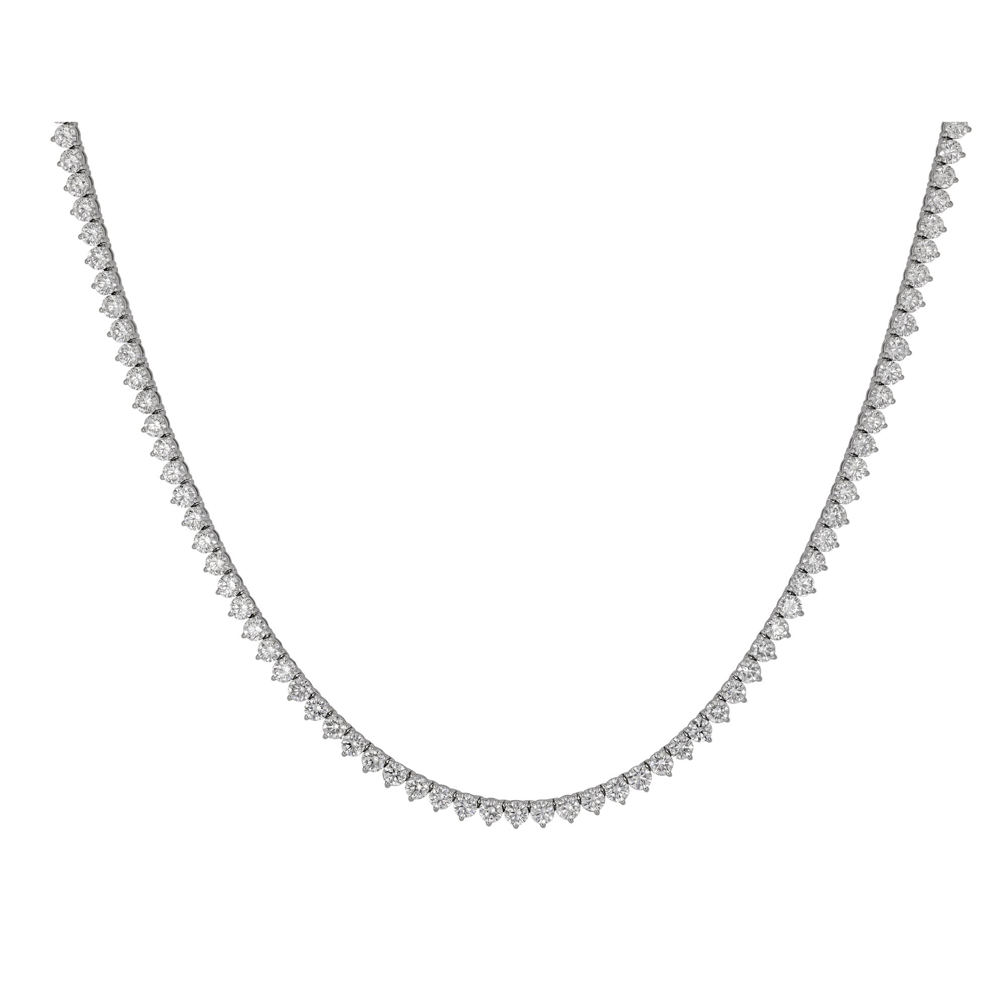 Diamond tennis necklace set in white gold on a white background