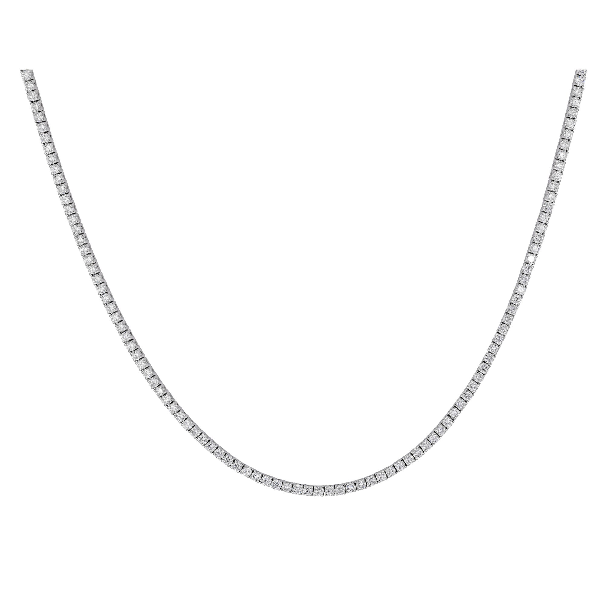 Diamond tennis necklace on a white background set in white gold