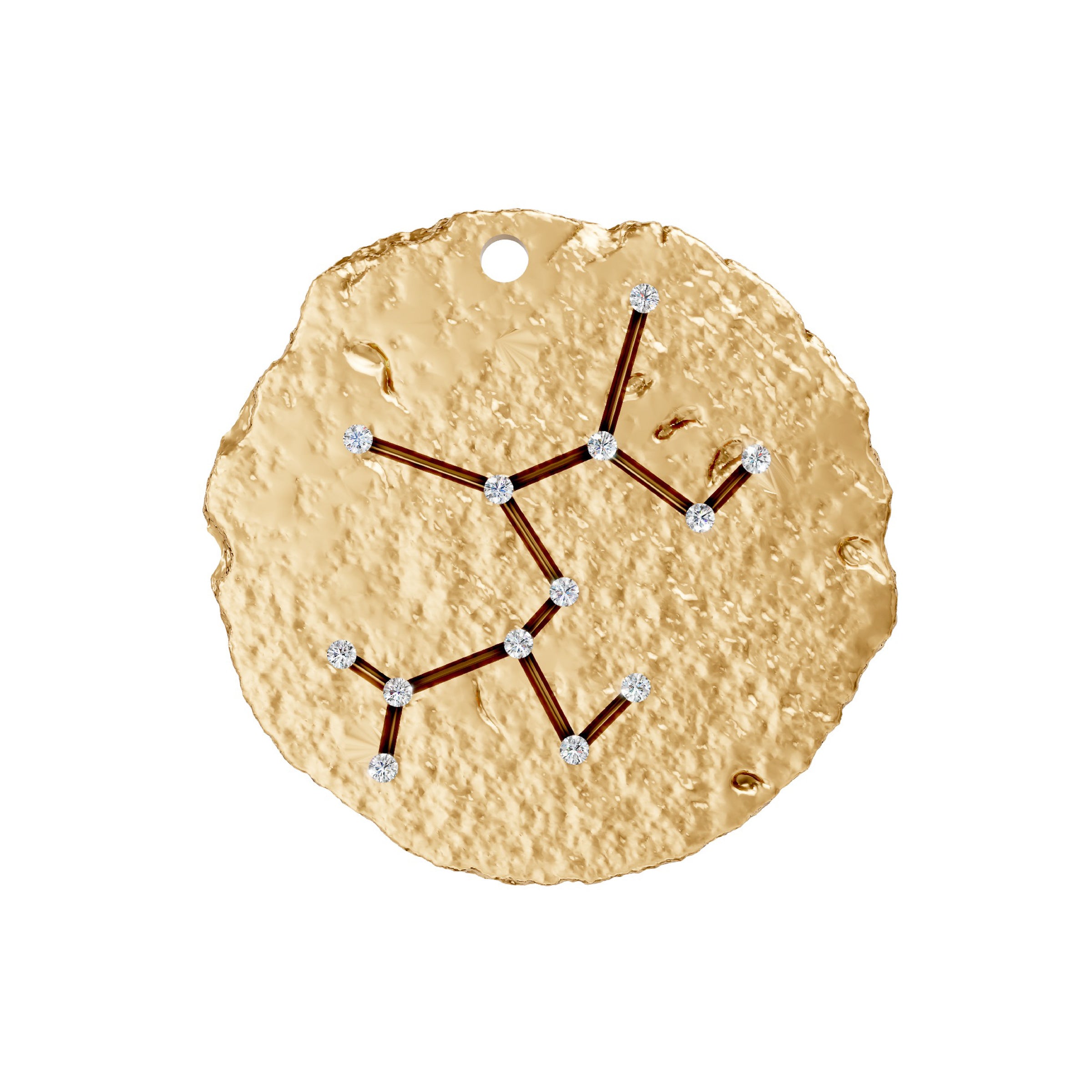 Gold pendant with zodiac saggitarius star constellation design on a white background