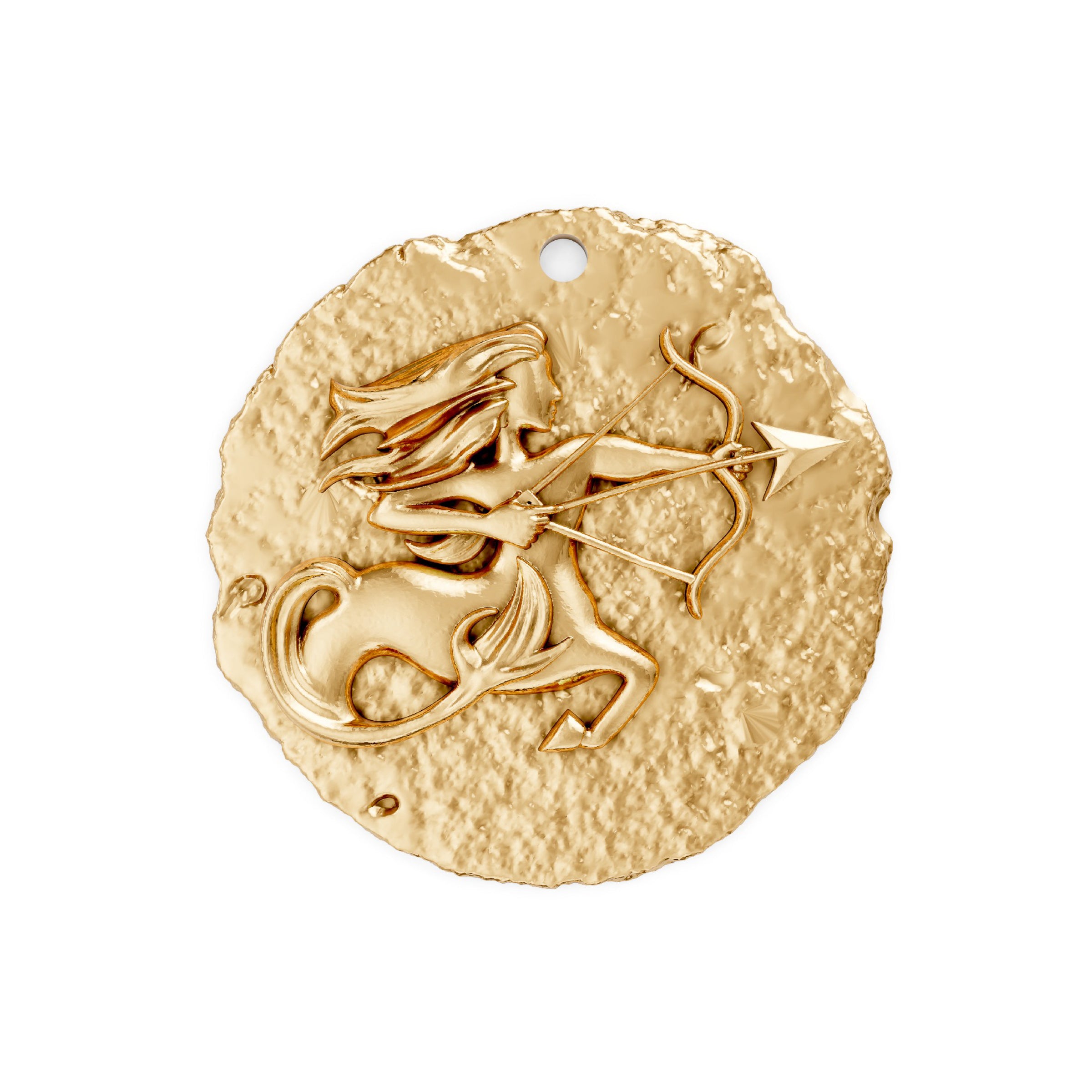 Gold Saggitarius zodiac pendant with Sagittarius design on a white background