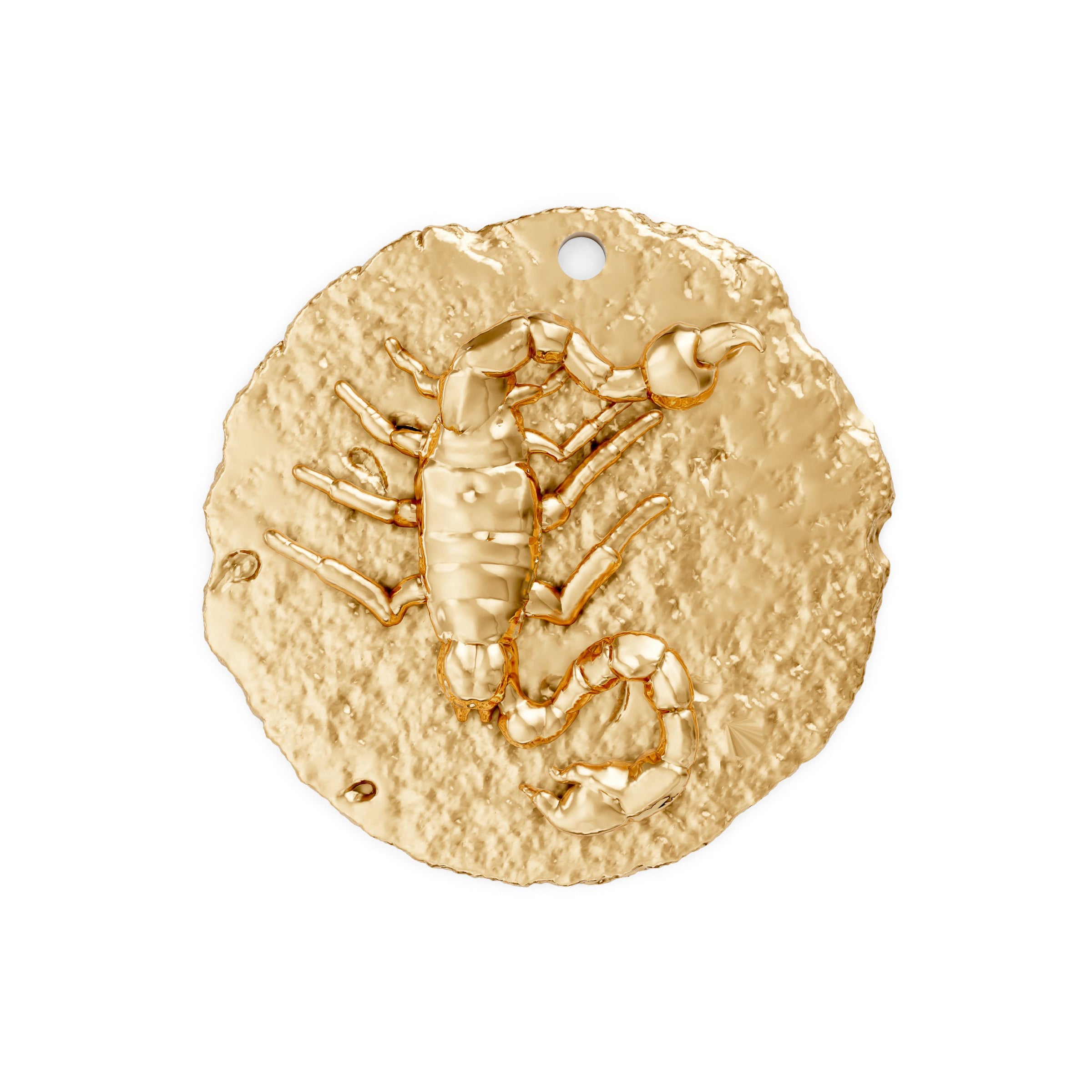 Gold round scorpion zodiac pendant on a white background