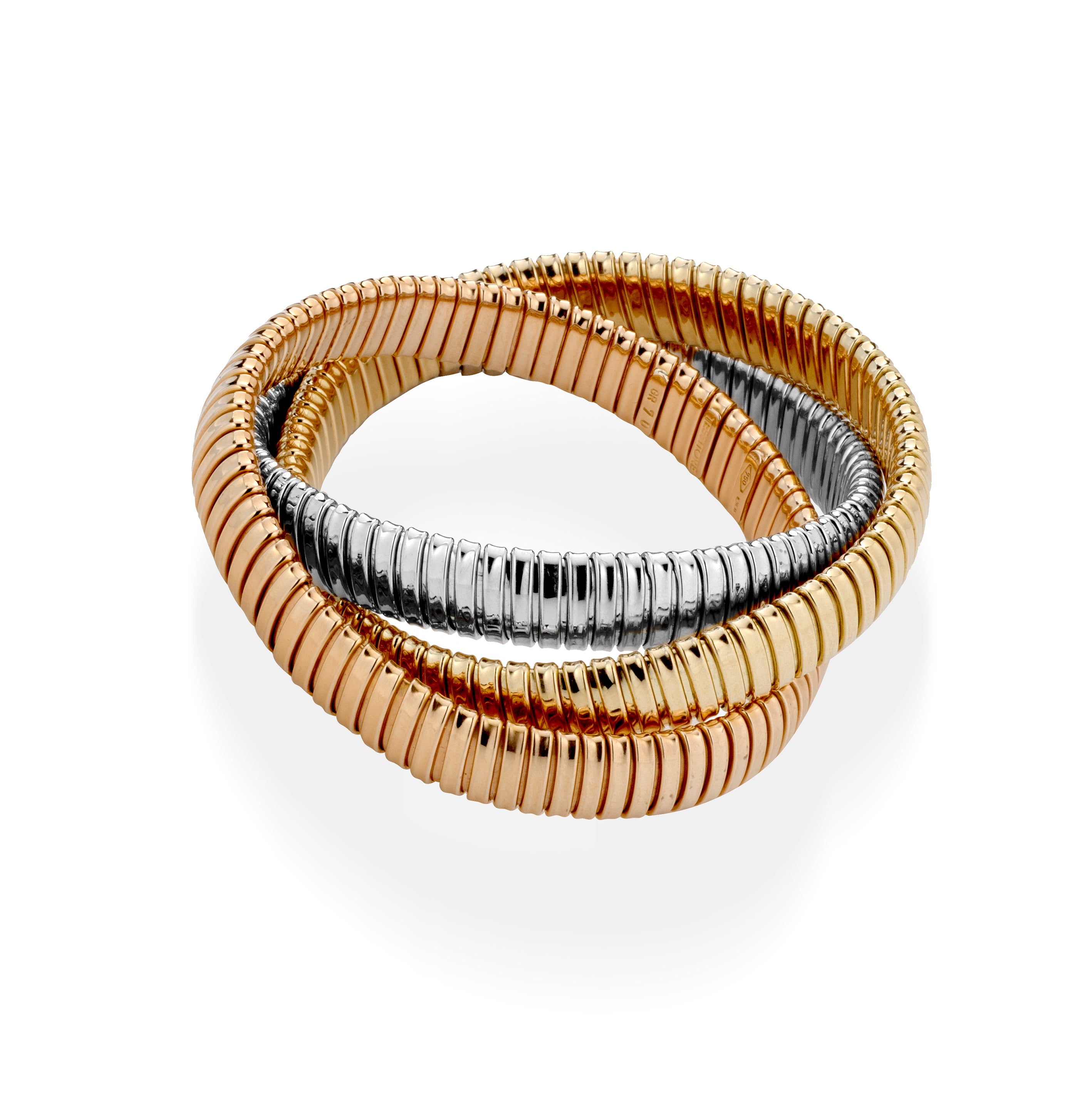 18K Tri Color Gold. White, Yellow, Rose Gold three strand tubogas bracelet from the Eleuthera Zo. Petite 10MM