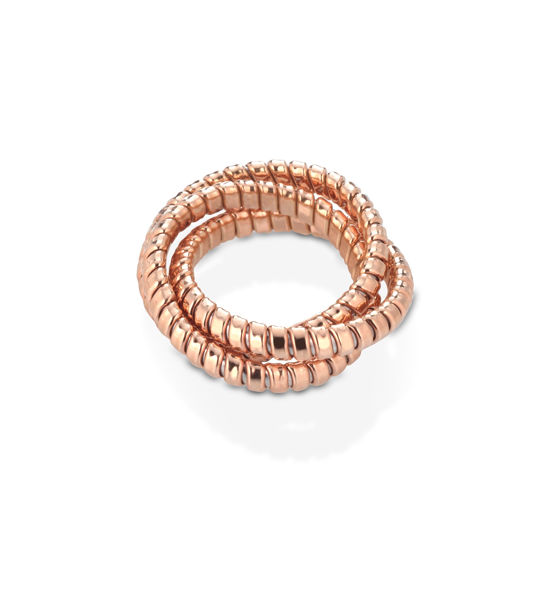 18K Rose Gold Tubogas three strand ring interlocking as one.