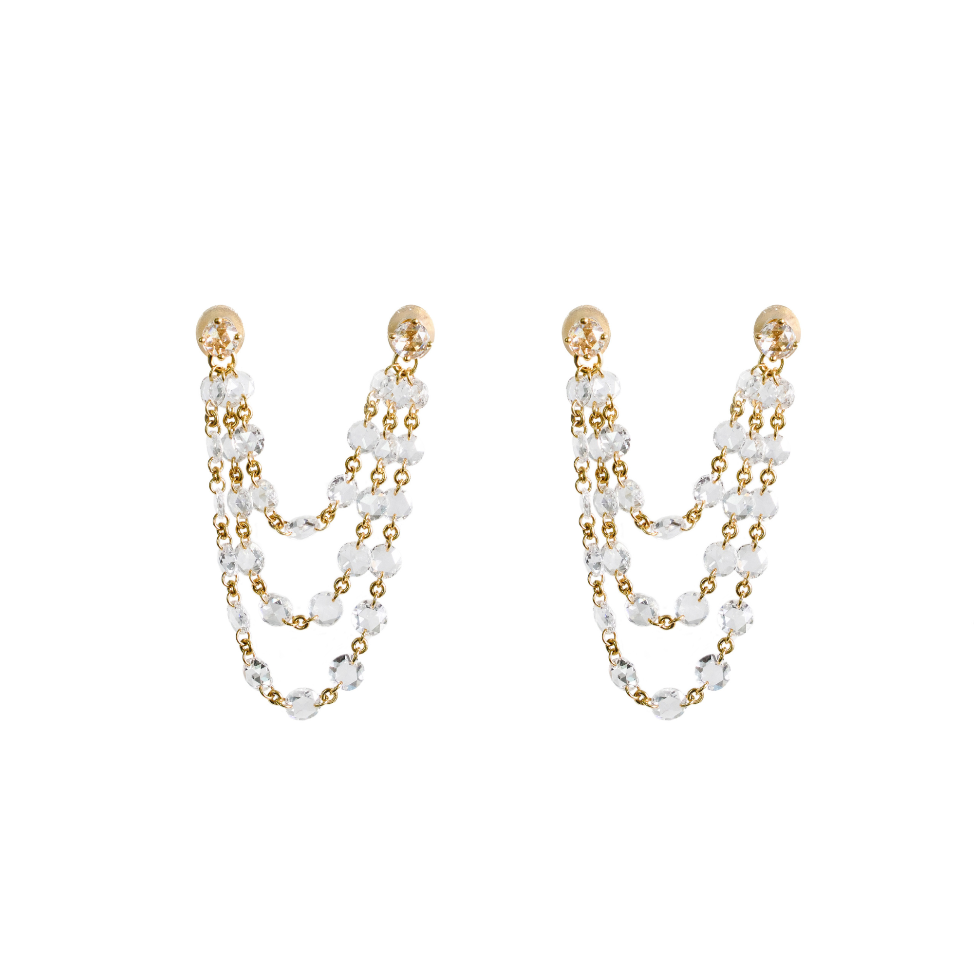 Single 18k yellow gold dangle 3 strand earrings. Rose cut natural mined diamonds on chain to create a drapping effect. Pair of earrings.