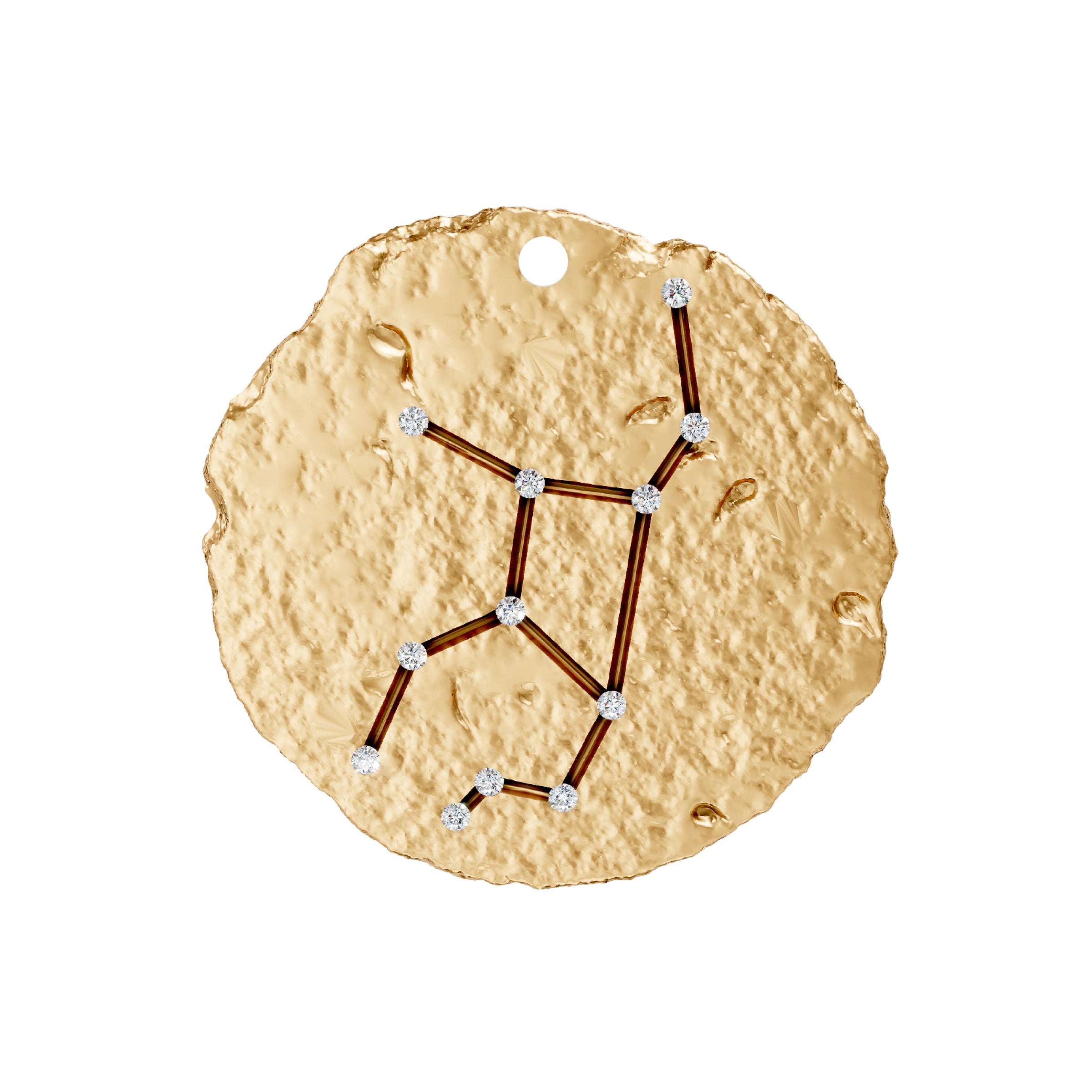 Gold pendant with zodiac virgo star design on a white background