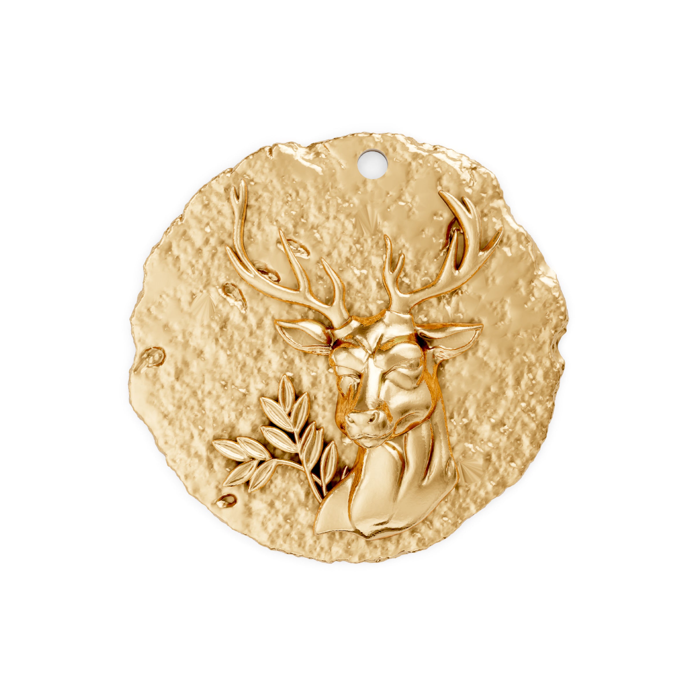 Gold zodiac virgo pendant with deer design on a white background