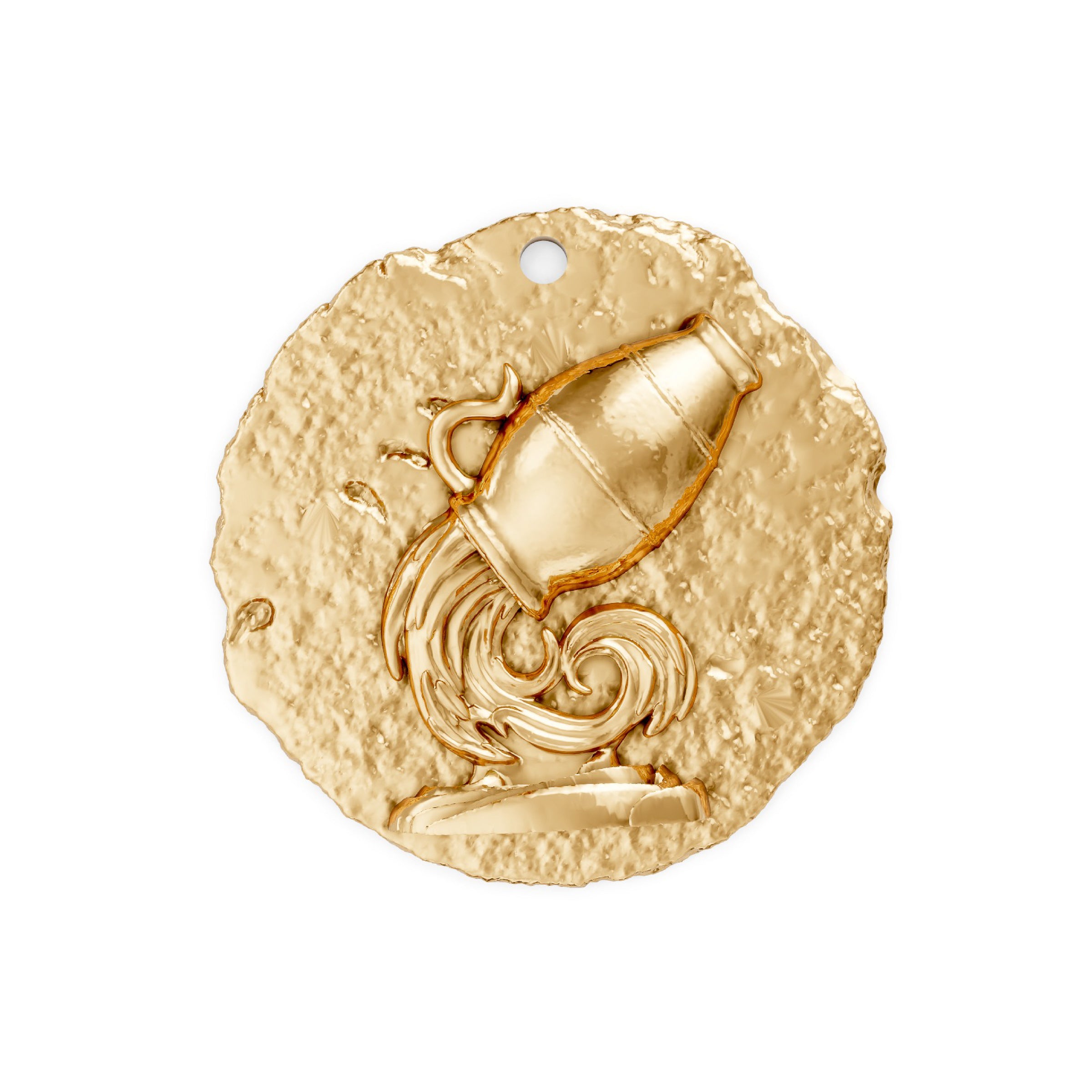 Gold zodiac Aquarius pendant on a white background
