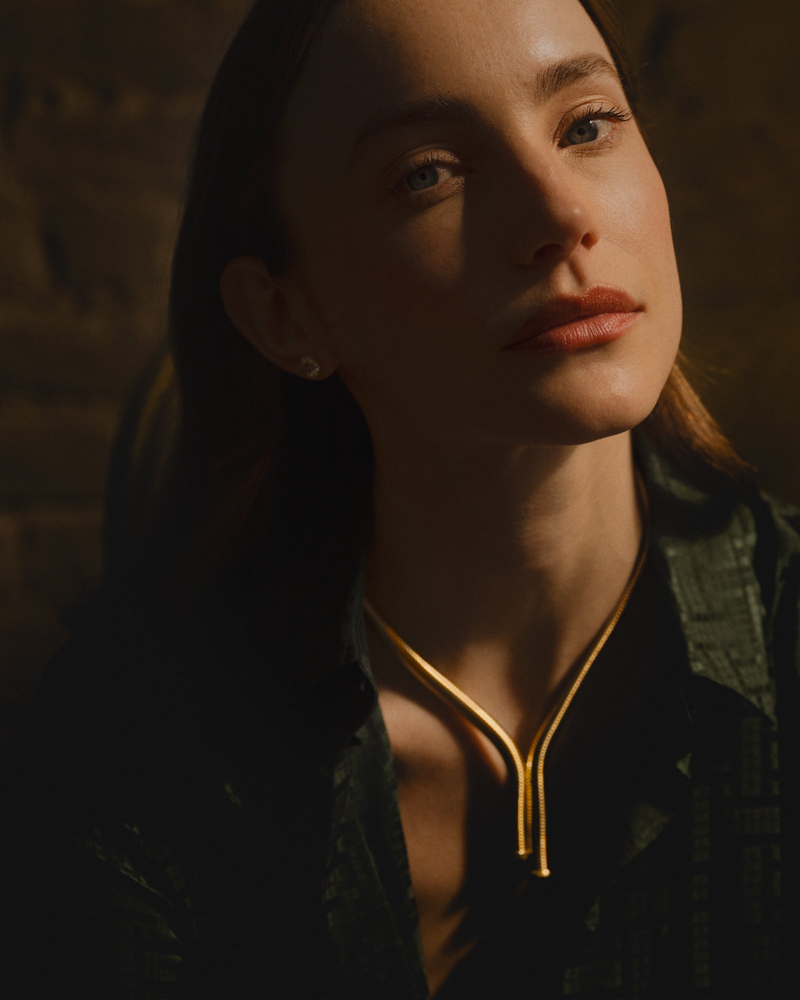 Woman wearing a gold tubogas style necklace against a dark background wearing an hermes dark green silk top.