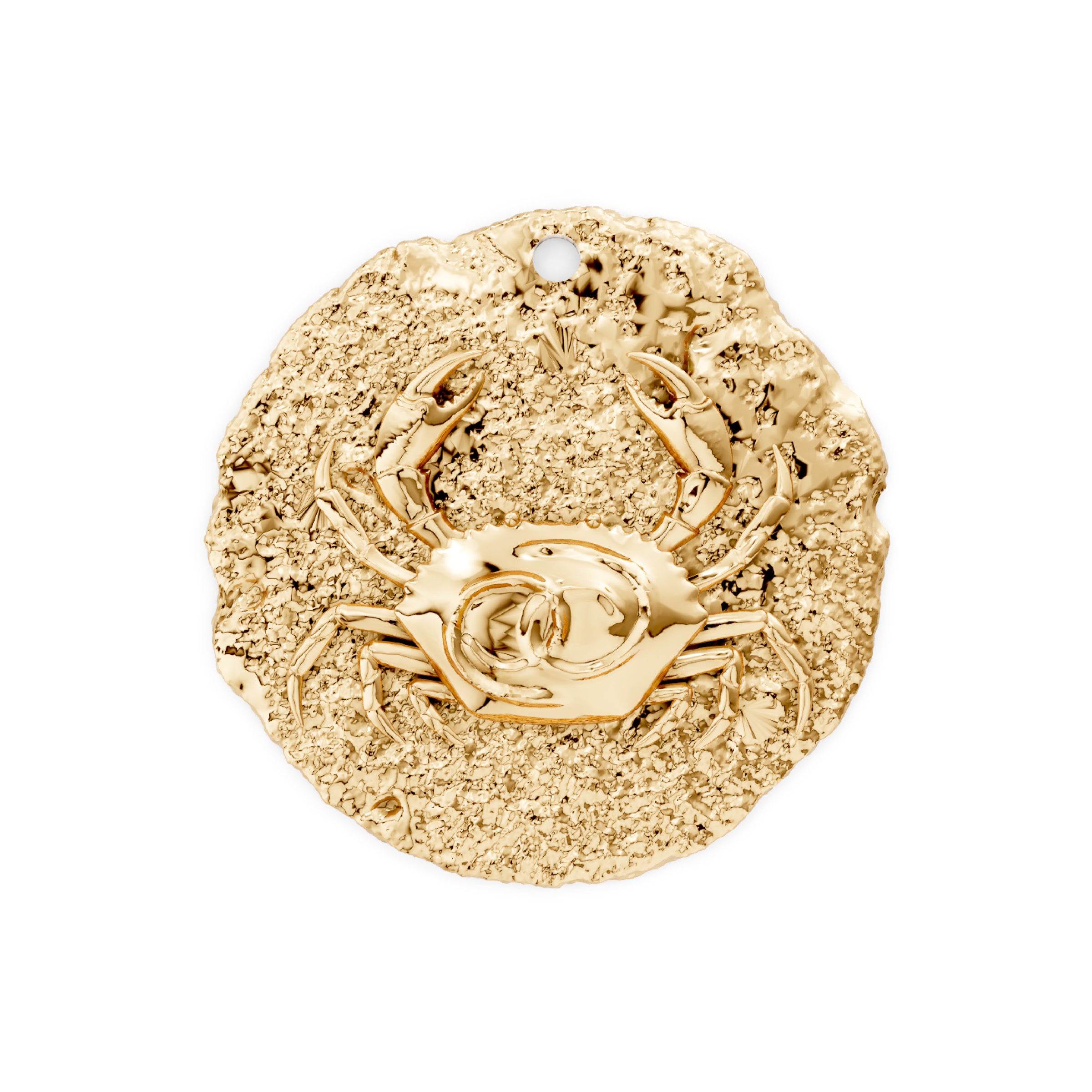 Gold Cancer zodiac crab pendant on a white background
