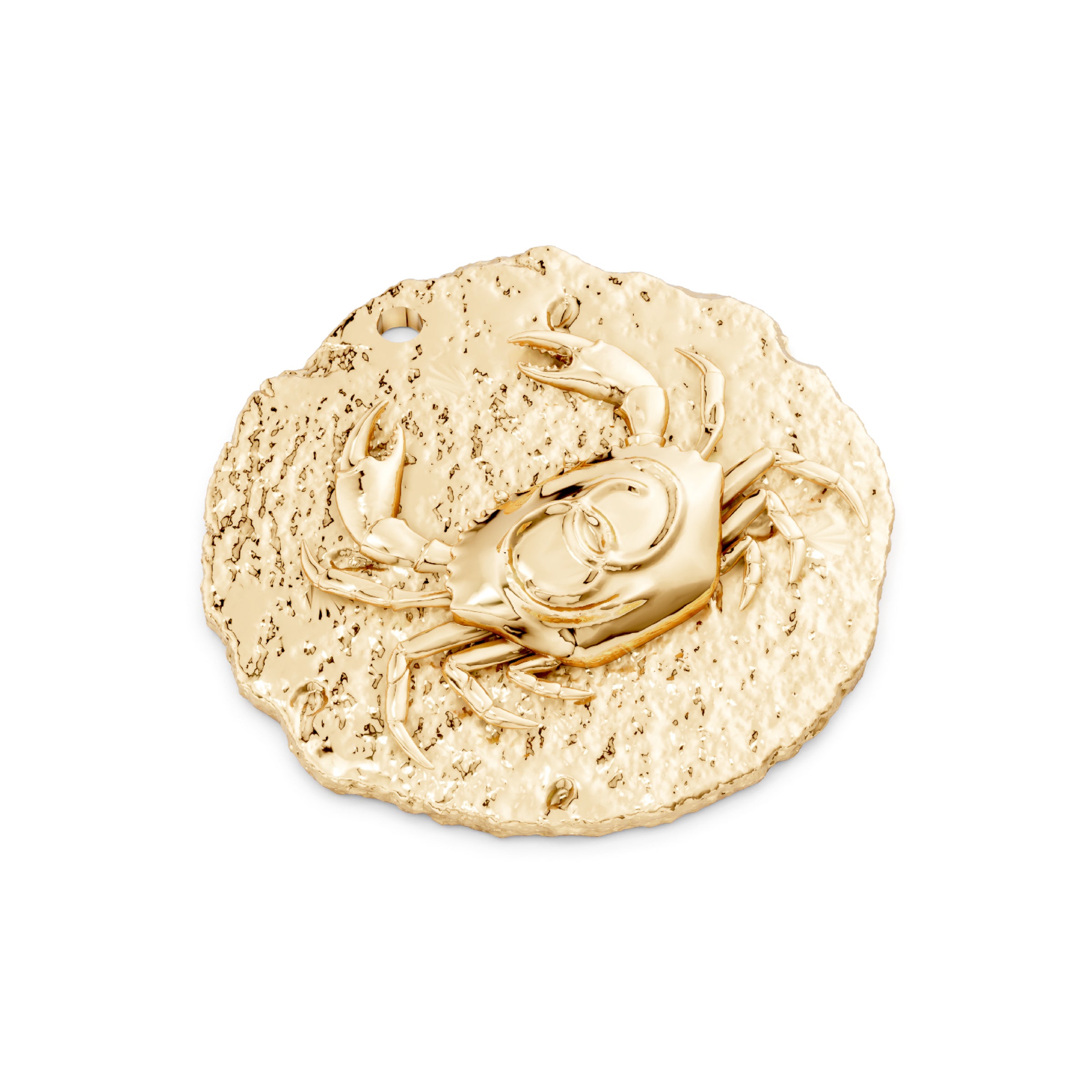 Gold Cancer zodiac crab pendant on a white background