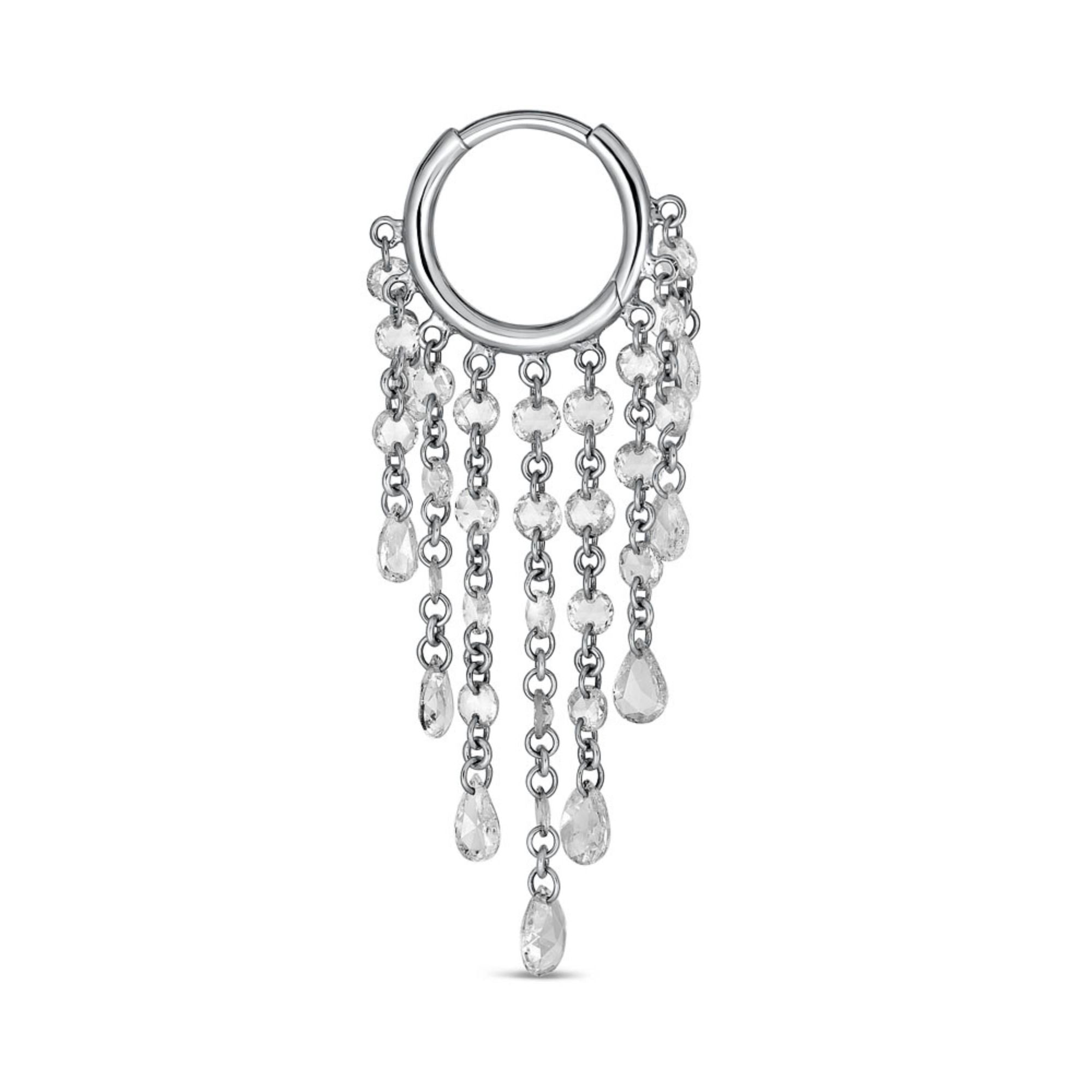 White gold hoop earrings with dangling chains of rose cut natural mined diamonds on a white background Single Earring