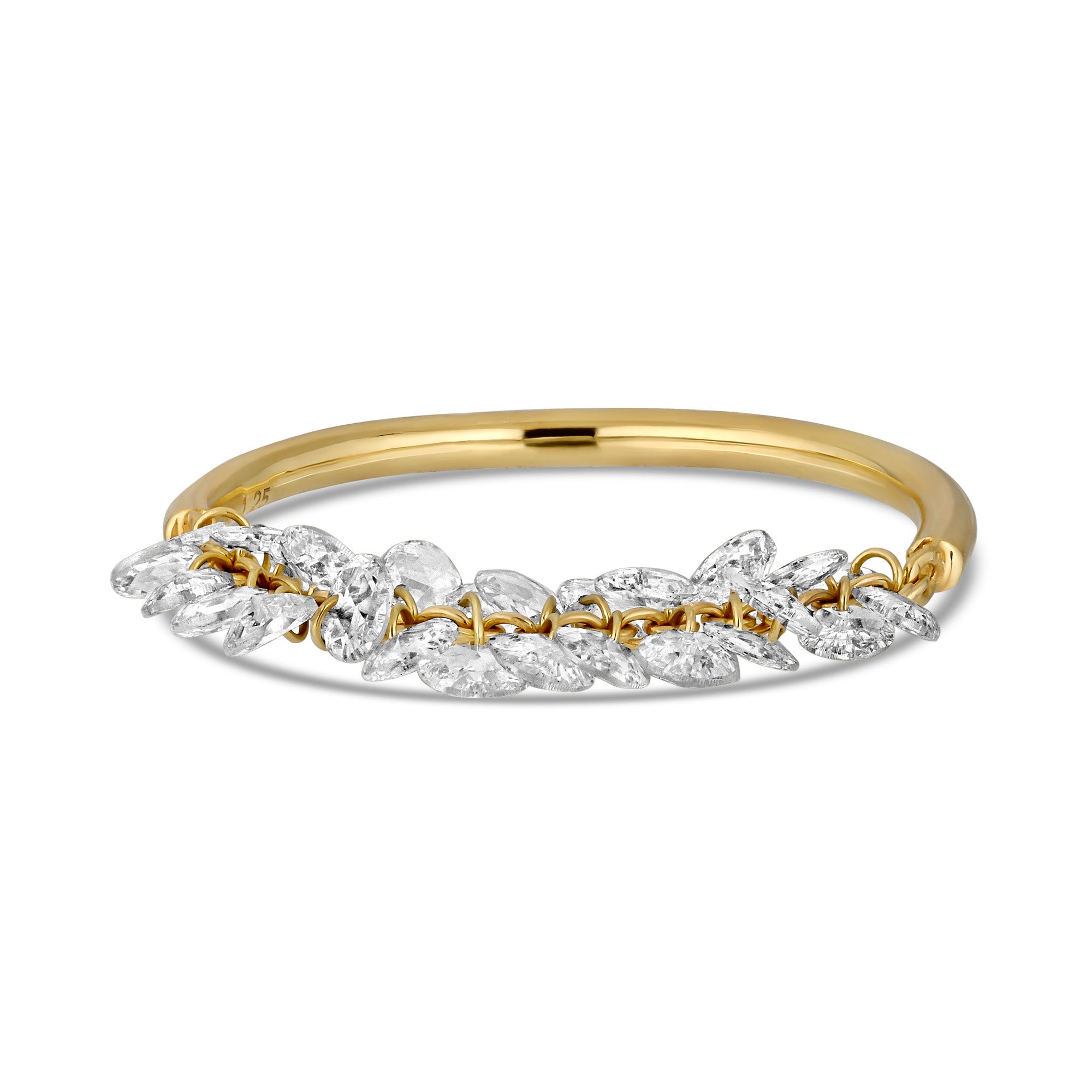 Gold ring with small diamonds on a yellow background. Rose cut dimaonds on 18k gold chain. 