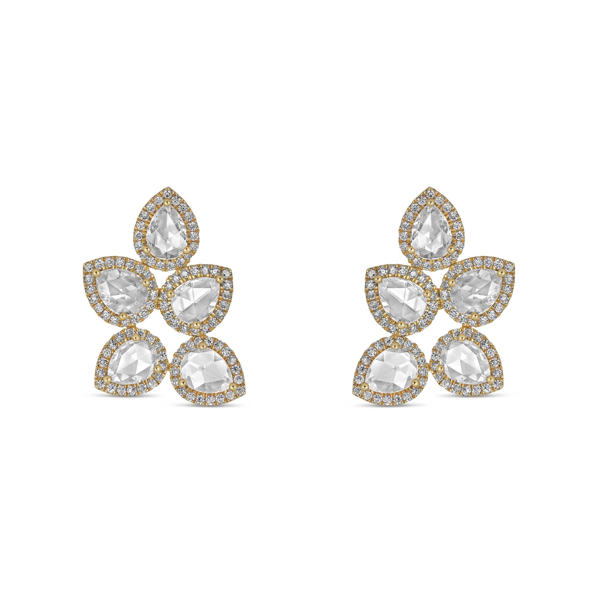 18k yellow gold and rose cut diamond earrings in the shape of a leaf.  5 points make up these earrings with pave diamond details. 