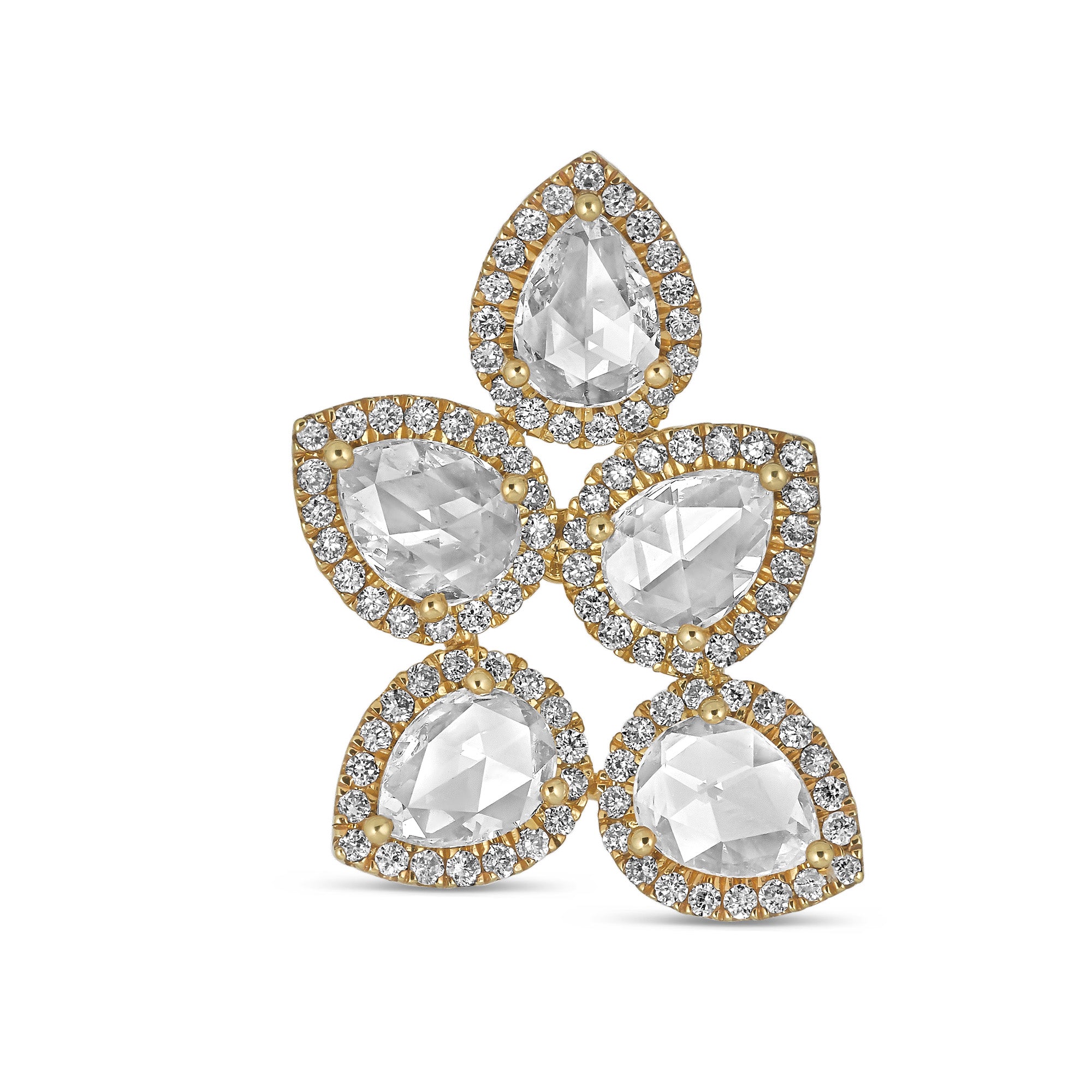 18k yellow gold and rose cut diamond earrings in the shape of a leaf.  5 points make up these earrings with pave diamond details. 