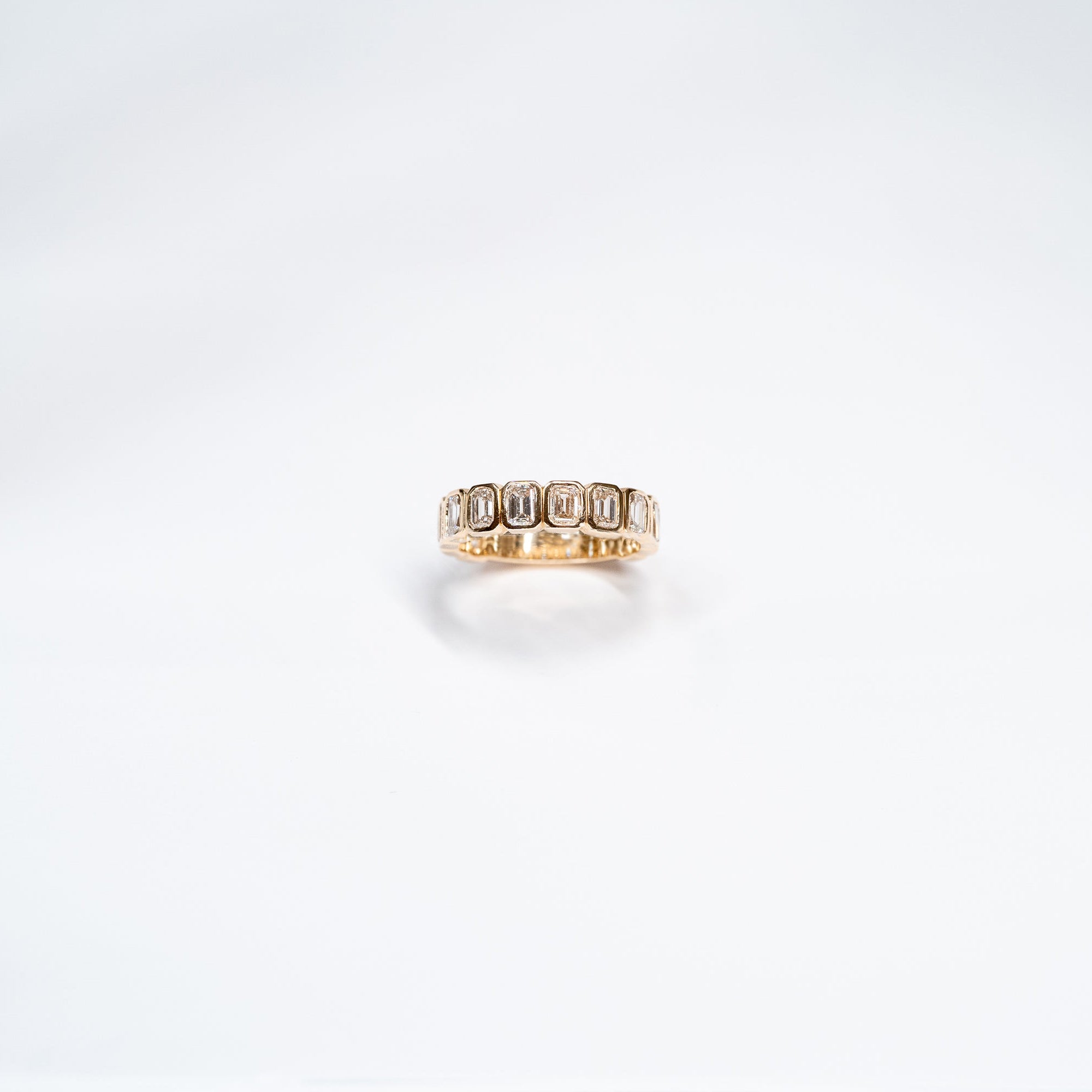 Emerald Cut Lab Diamond eternity band ste in 14k yelllow gold. 