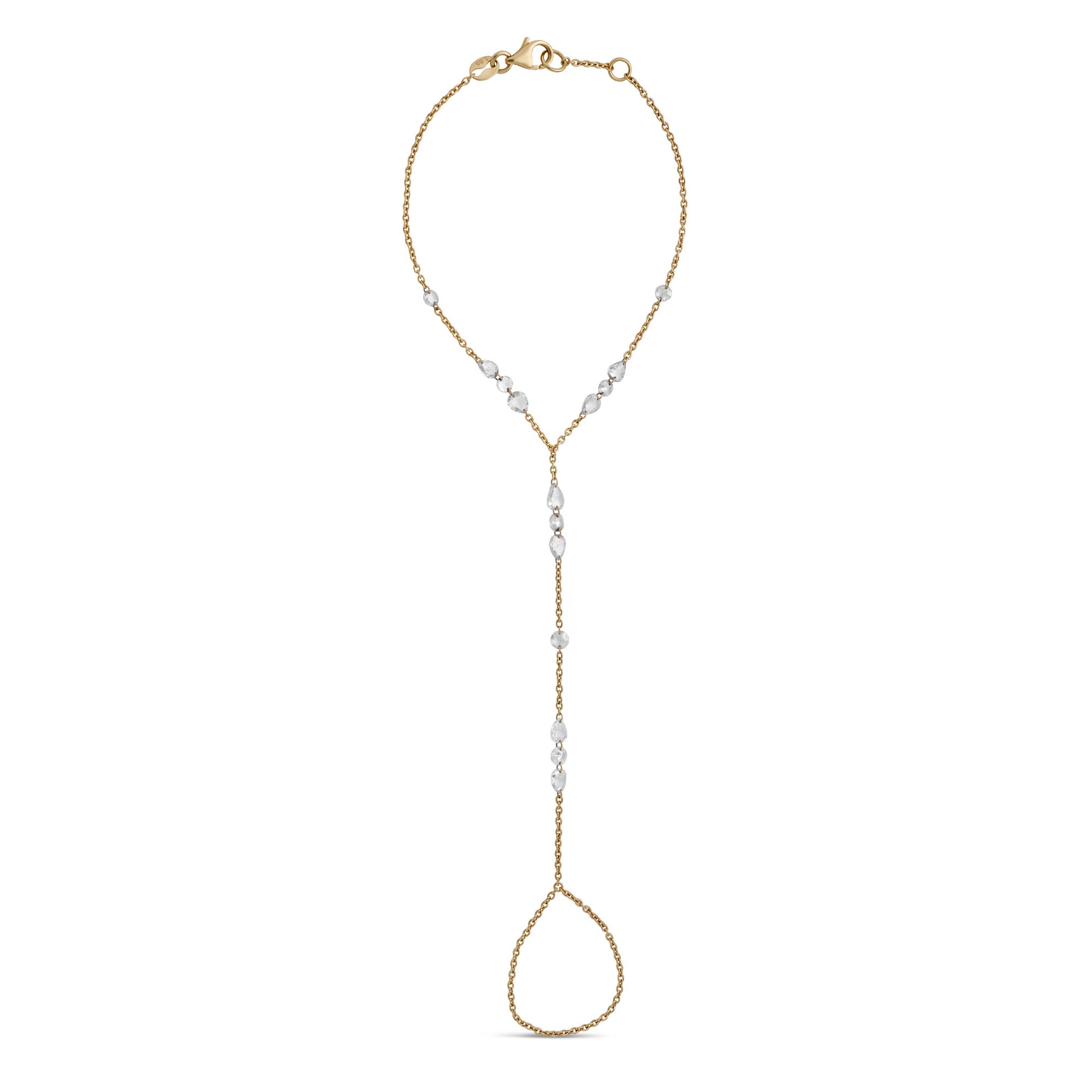 Rose cut diamonds on a 18k yellow gold hand chain. 