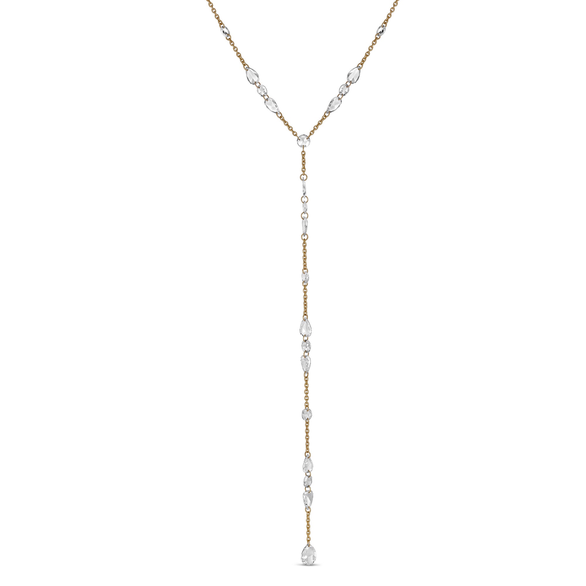Gold necklace on a white background.  Rose Cut Natural Mined Diamonds and 18k yellow gold. 