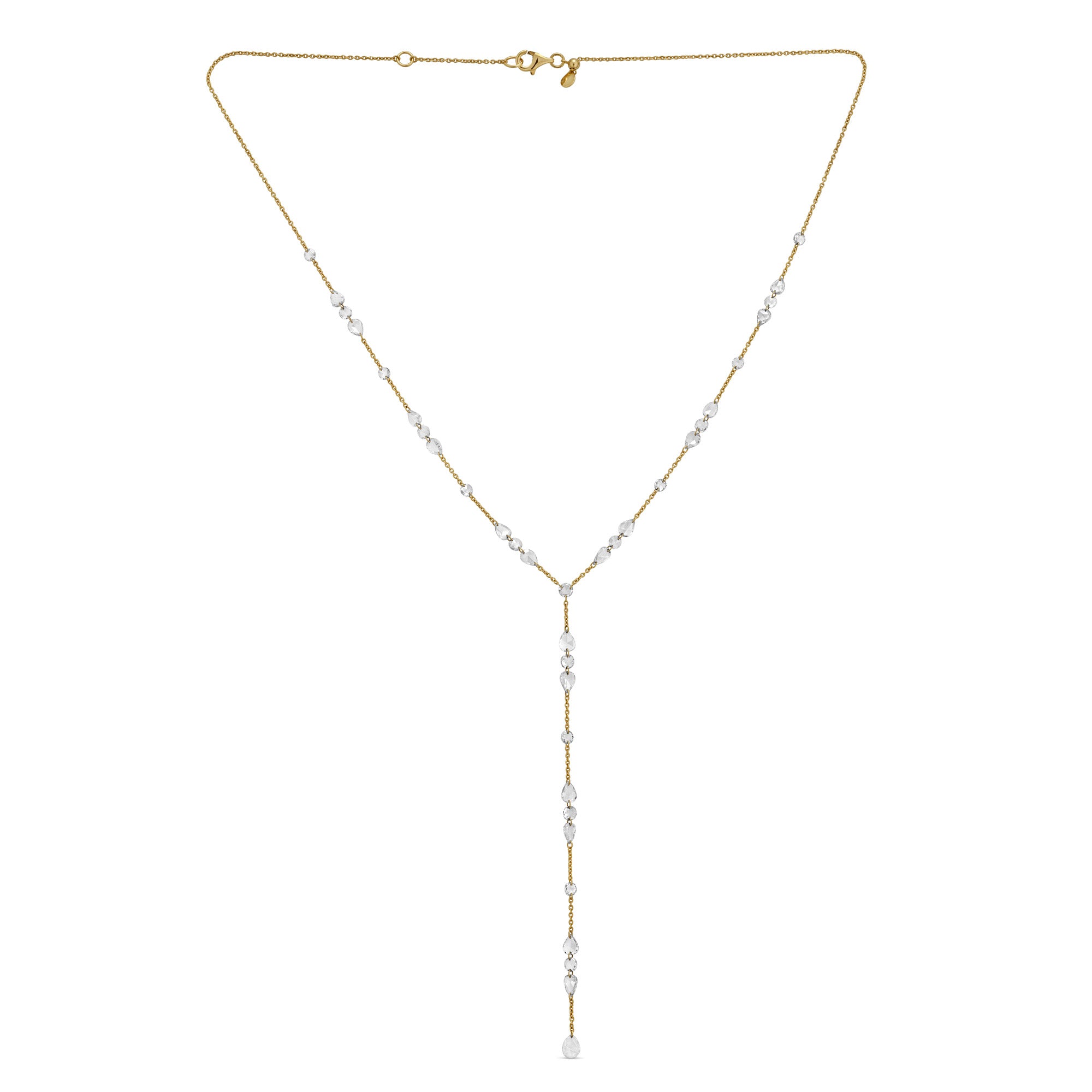 Gold necklace on a white background.  Rose Cut Natural Mined Diamonds and 18k yellow gold. 