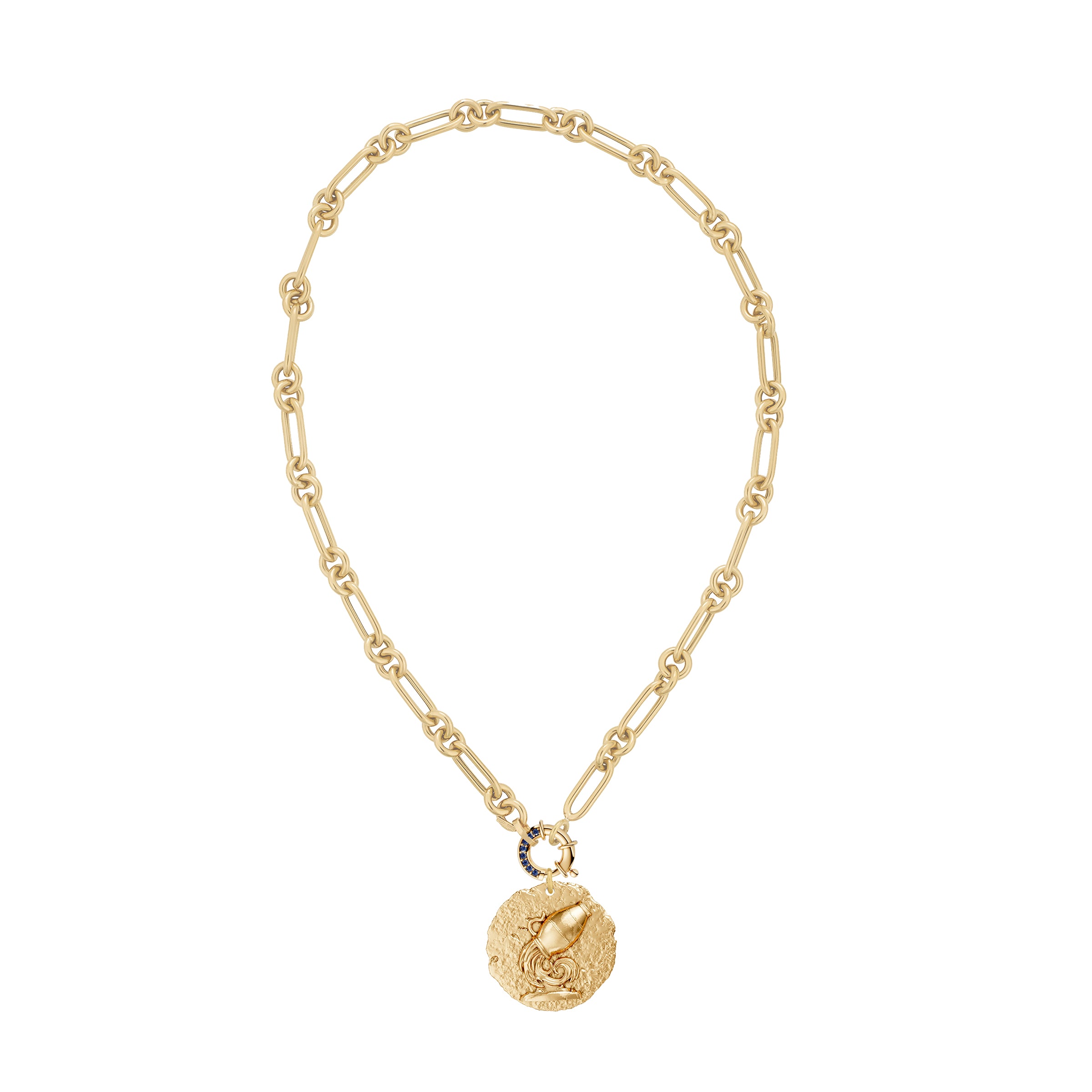 Gold necklace with a round Aquarius zodiac pendant on large link and round chain with blue sapphire decorative clasp on a white background