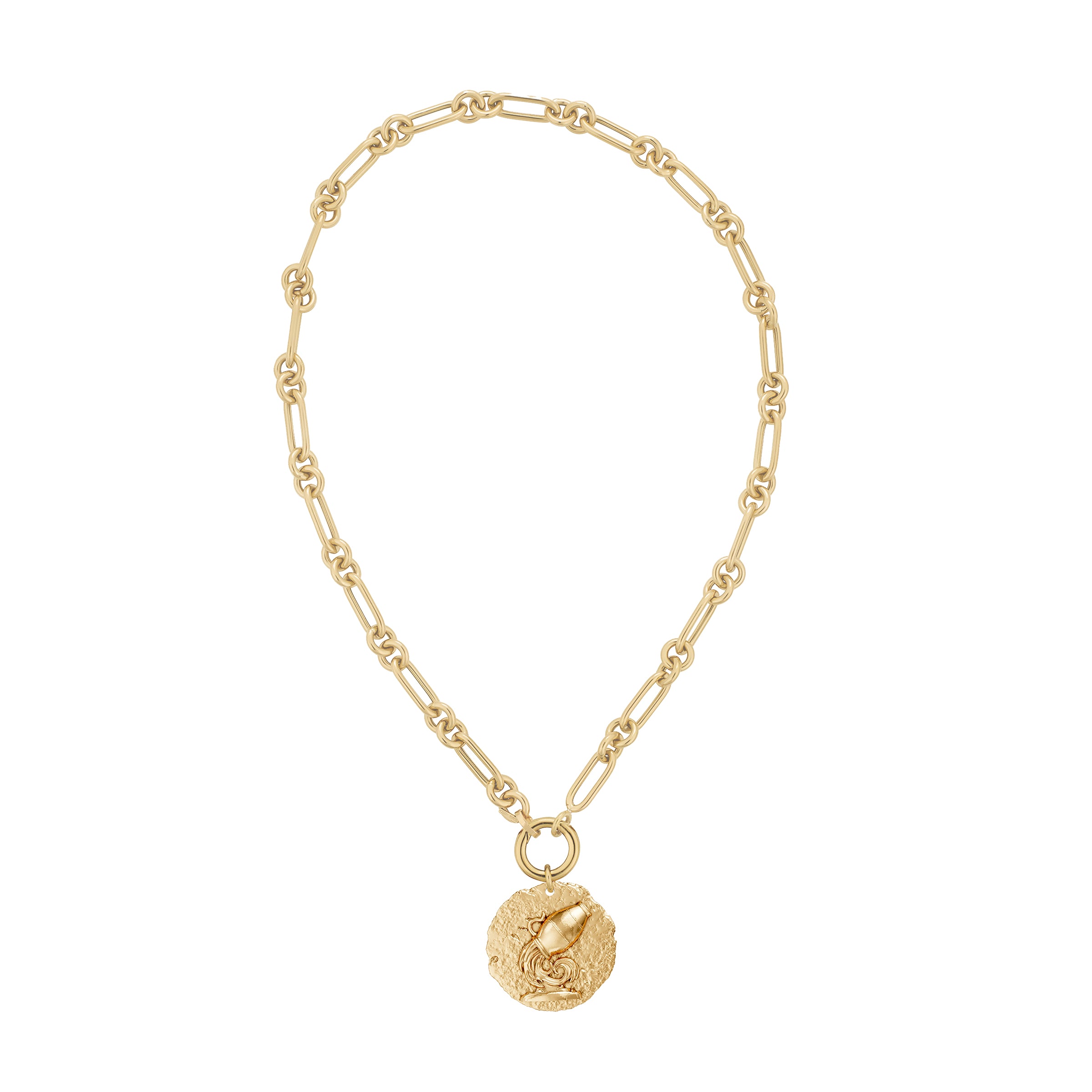 Gold necklace with a round Aquarius zodiac pendant on large link and round chain with solid gold decorative clasp on a white background