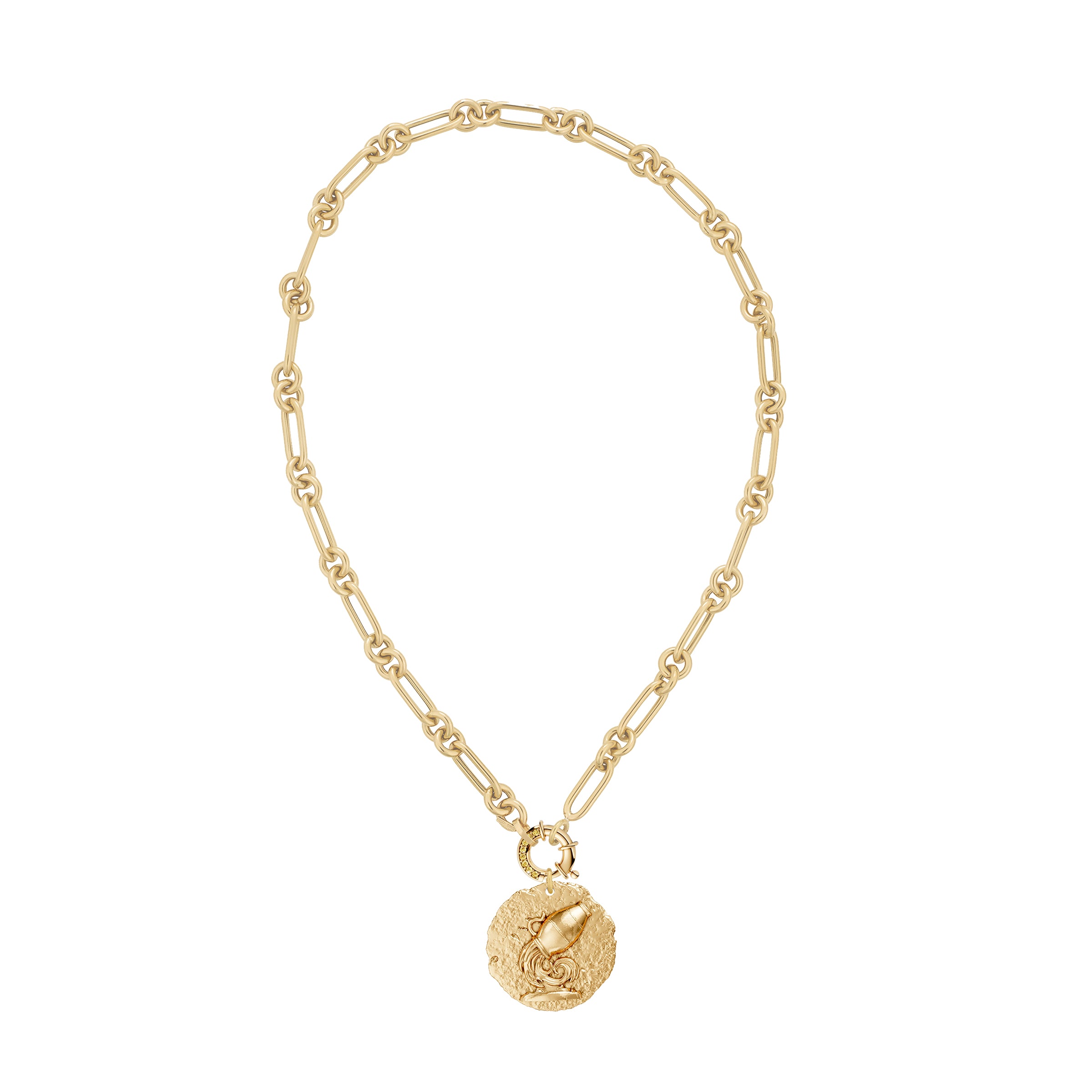 Gold necklace with a round Aquarius zodiac pendant on large link and round chain with yellow diamond decorative clasp on a white background