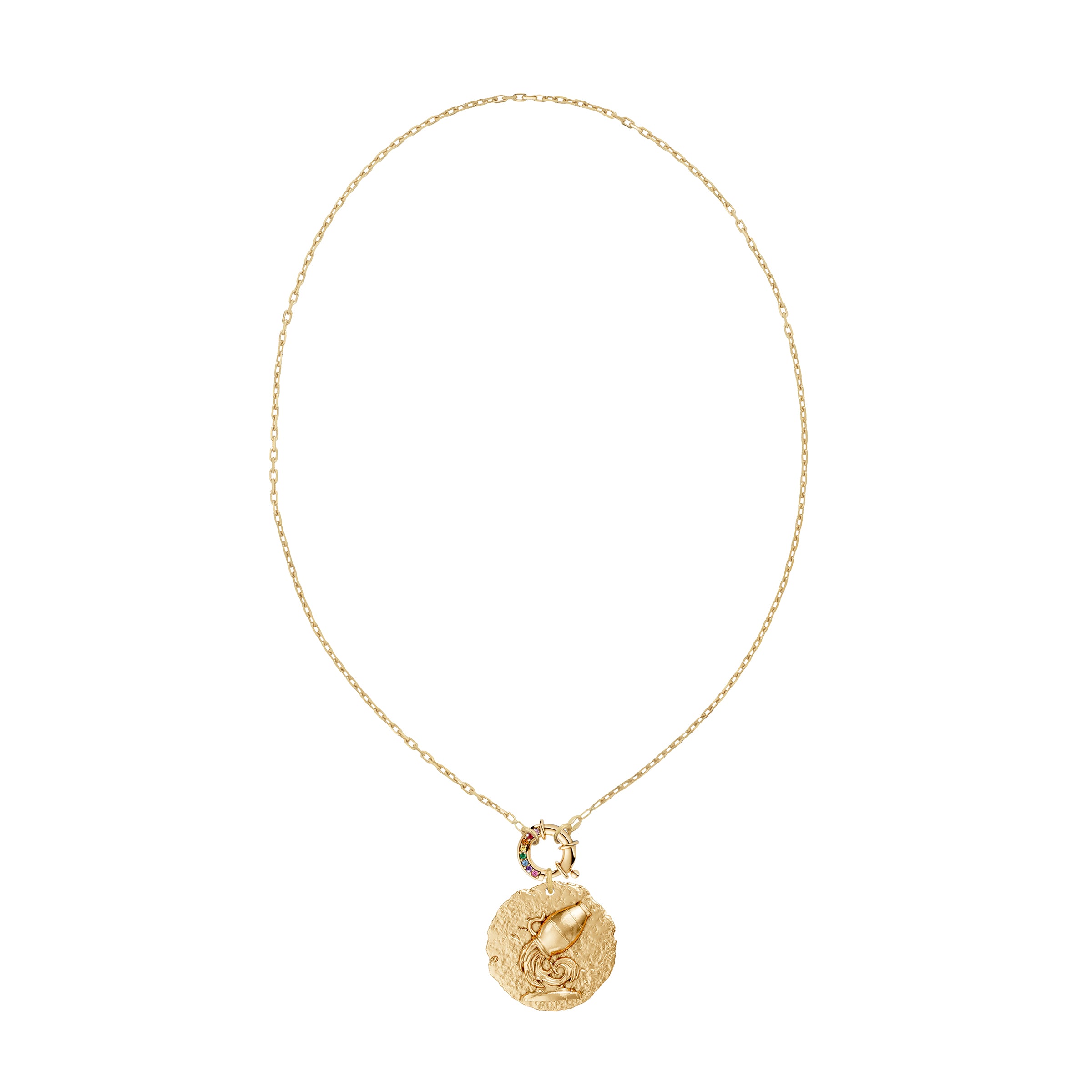Gold necklace with a round Aquarius zodiac pendant on small link chain with rainbow sapphire decorative clasp on a white background