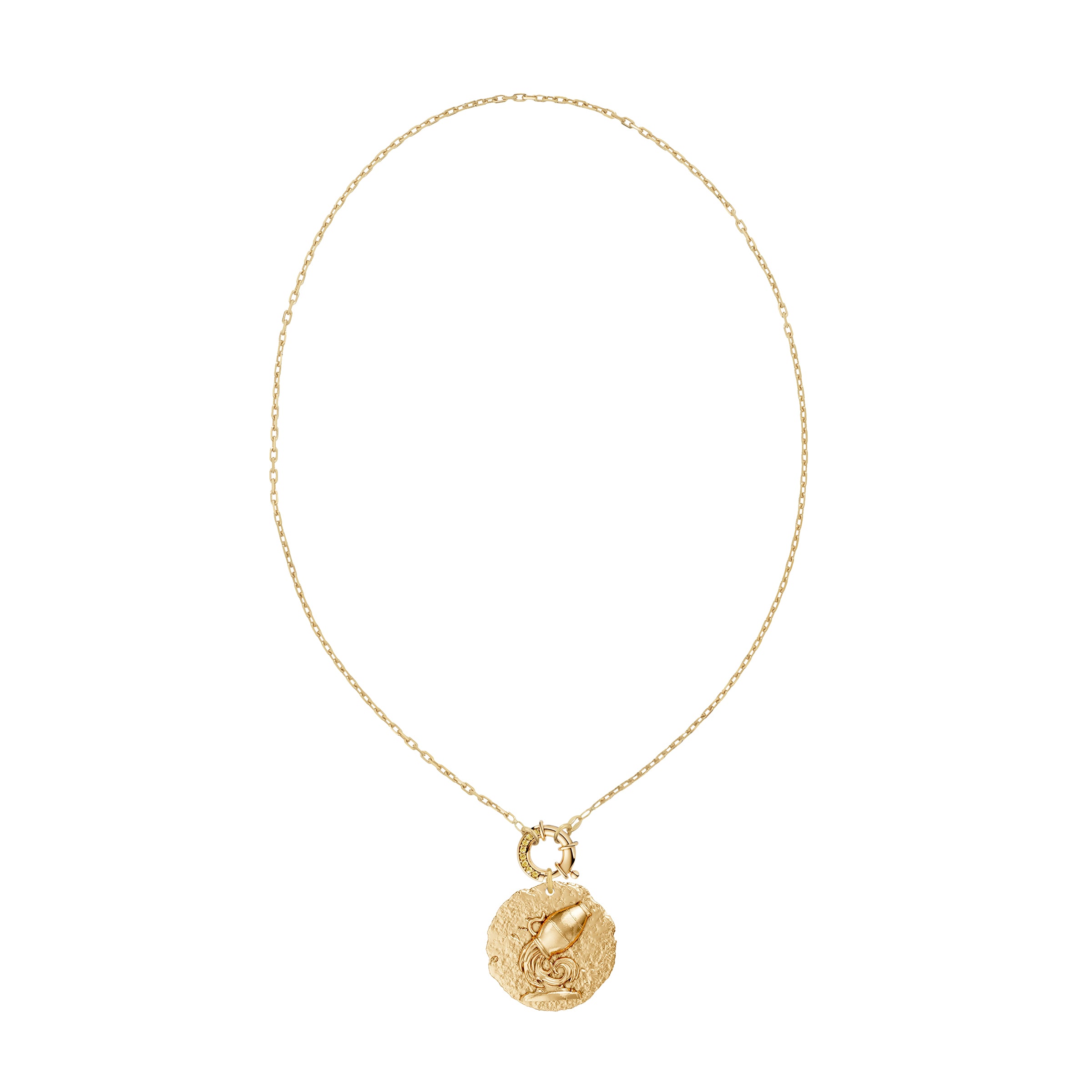 Gold necklace with a round Aquarius zodiac pendant on small link chain with yellow diamond decorative clasp on a white background