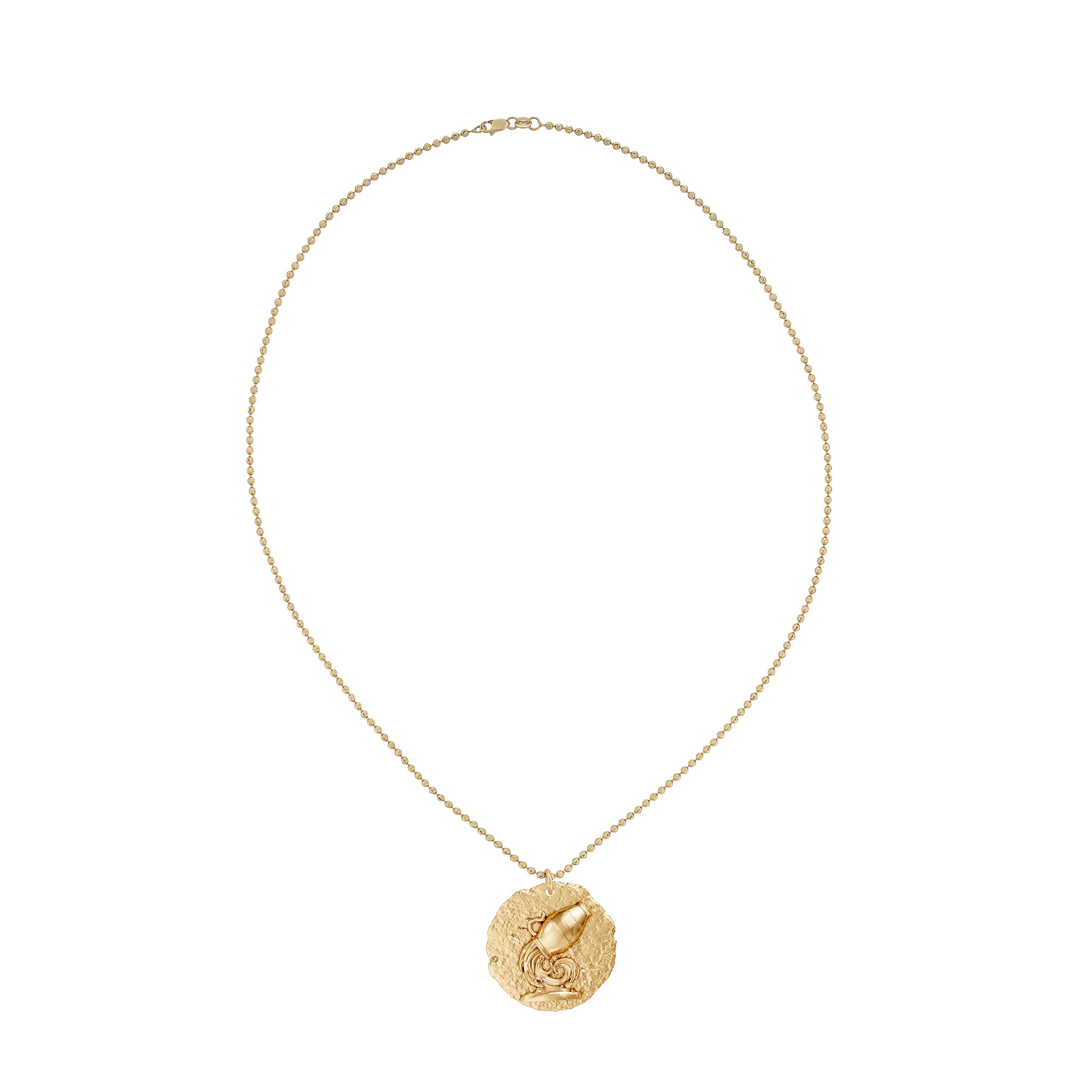 Gold necklace with a round Aquarius zodiac pendant on small ball chain on a white background