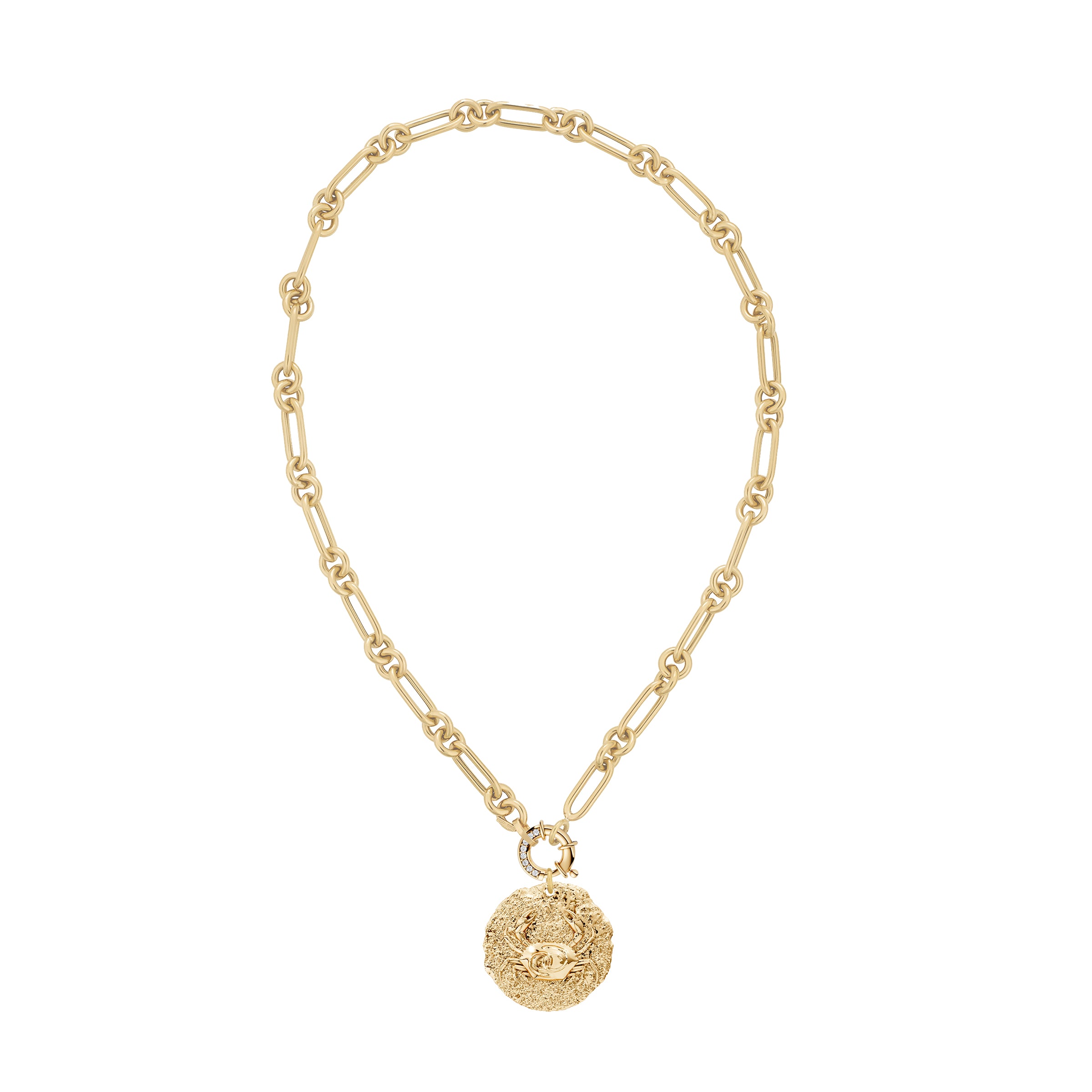 Gold necklace with a round zodiac cancer pendant with crab design on white diamond decorative clasp on a white background