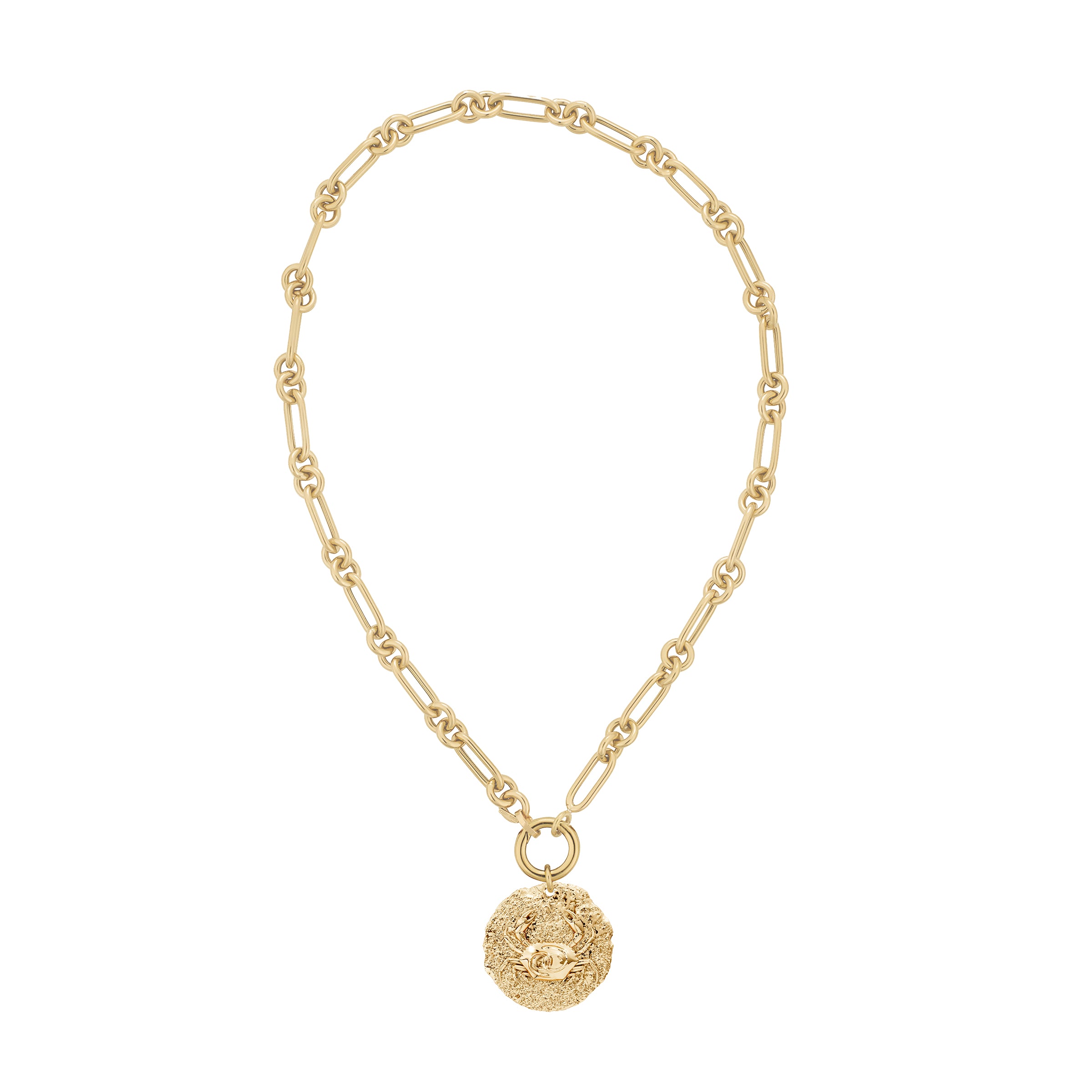 Gold necklace with a round zodiac cancer pendant with crab design on sold gold decorative clasp on a white background