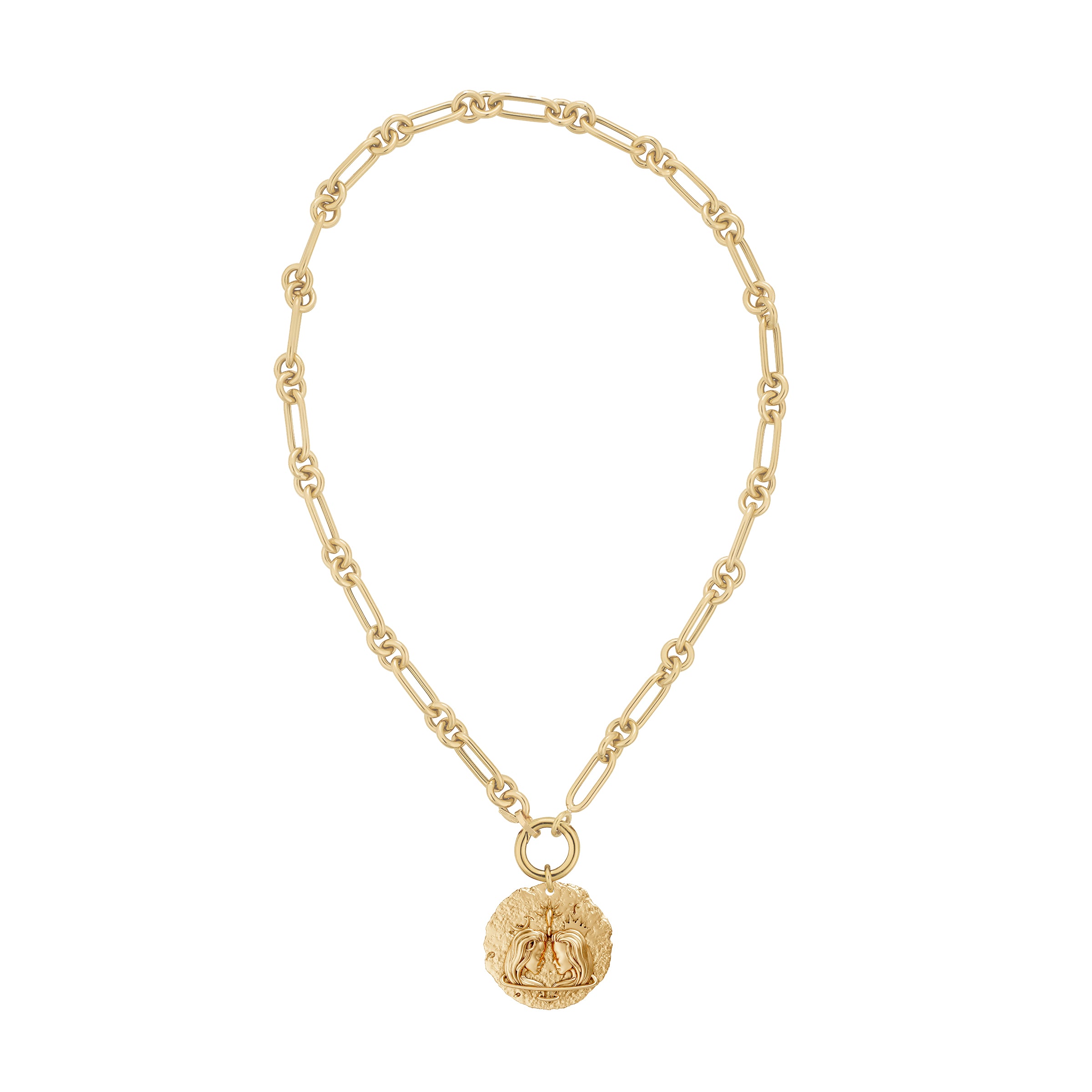 Gold necklace with a round gemini zodiac on pendant solid gold clasp on a white background