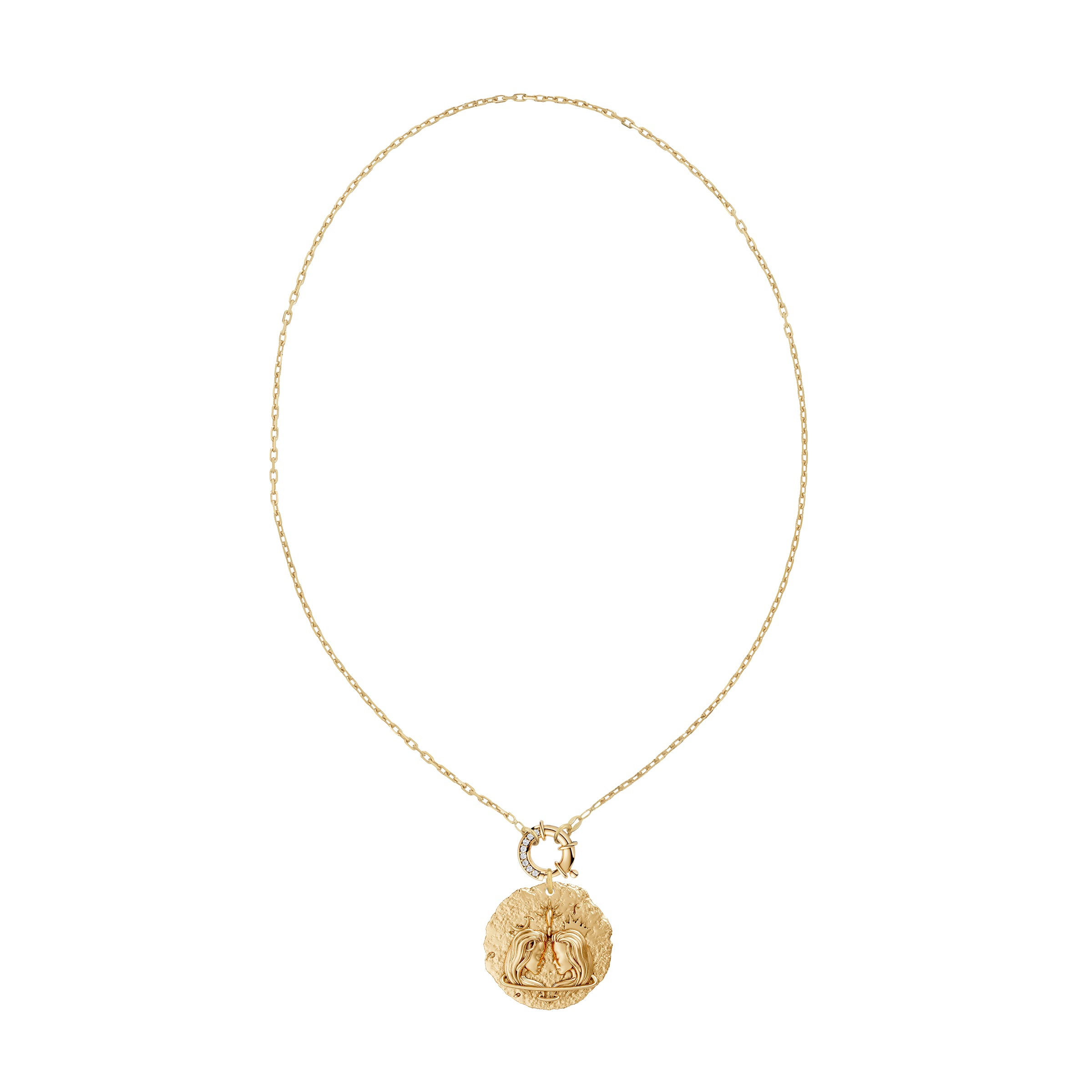 Gold necklace with a round gemini zodiac on pendant white diamond clasp on a white background