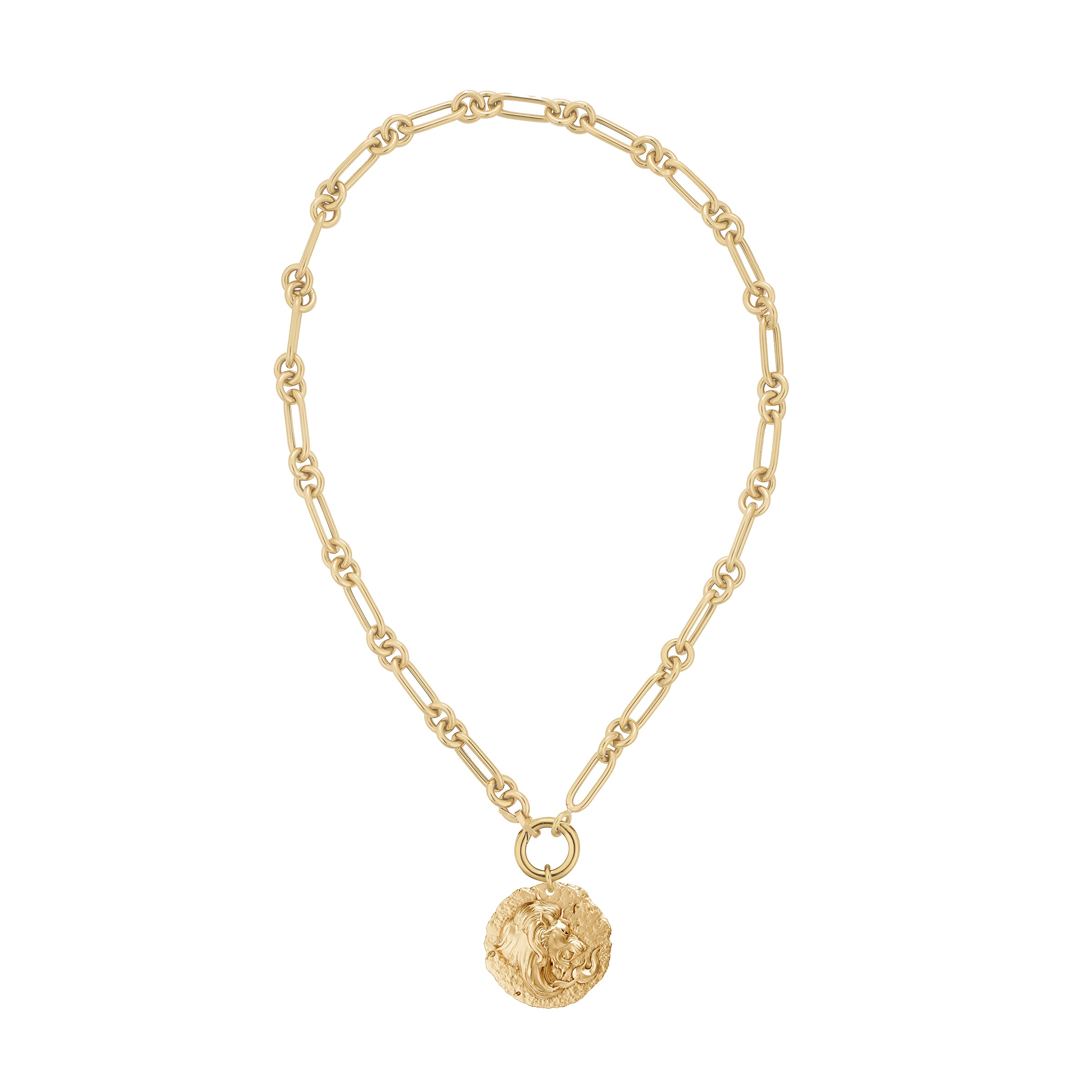 Gold necklace with leo zodiac pendant on decorative plain solid gold clasp a white background