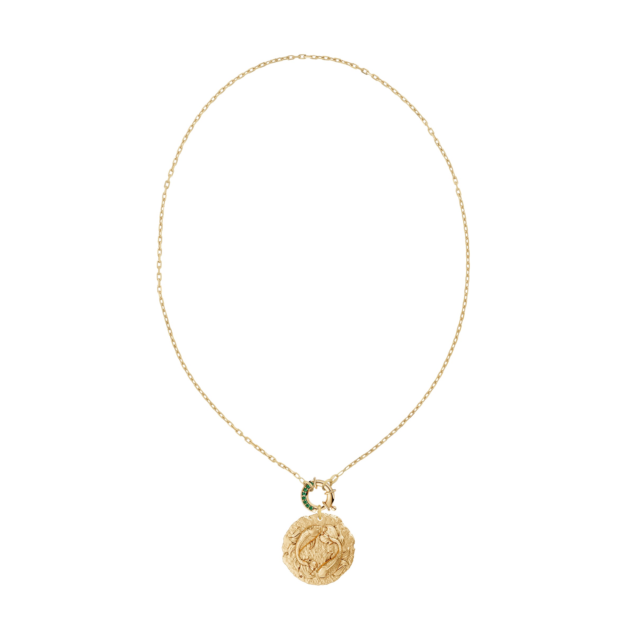 Gold chain necklace with a round Pisces Zodiac pendant on emerald clasp on a white background