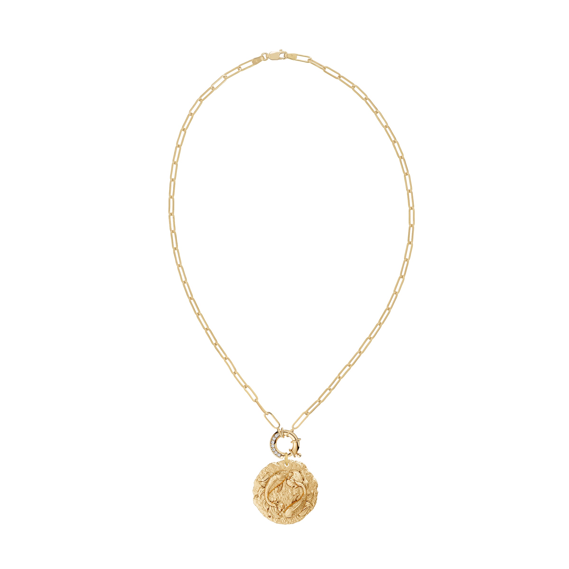 Gold chain necklace with a round Pisces Zodiac pendant on white diamond clasp on a white background