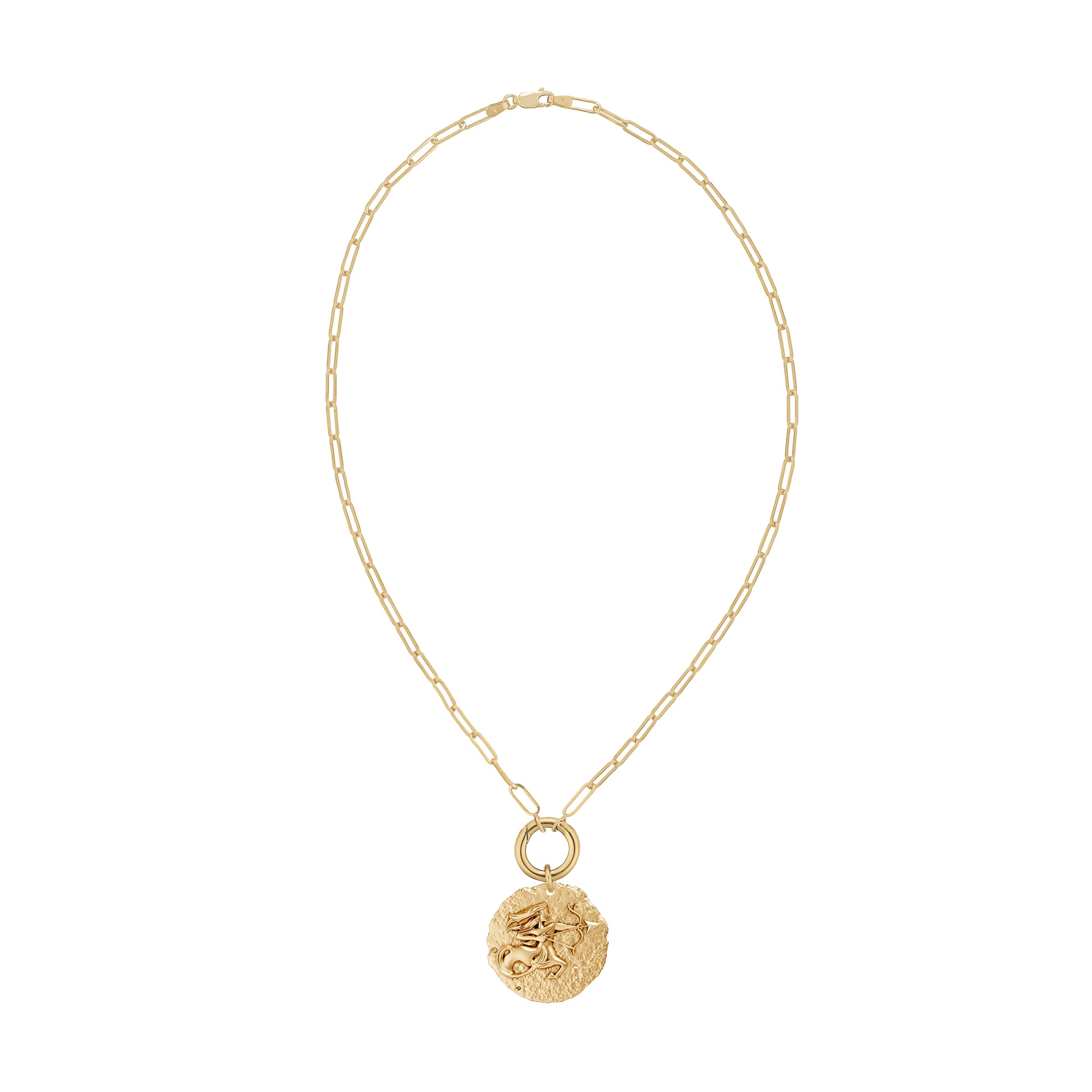 Gold necklace with a circular zodiac Sagittarius pendant on a paperclip link chain and a solid gold clasp on a white background