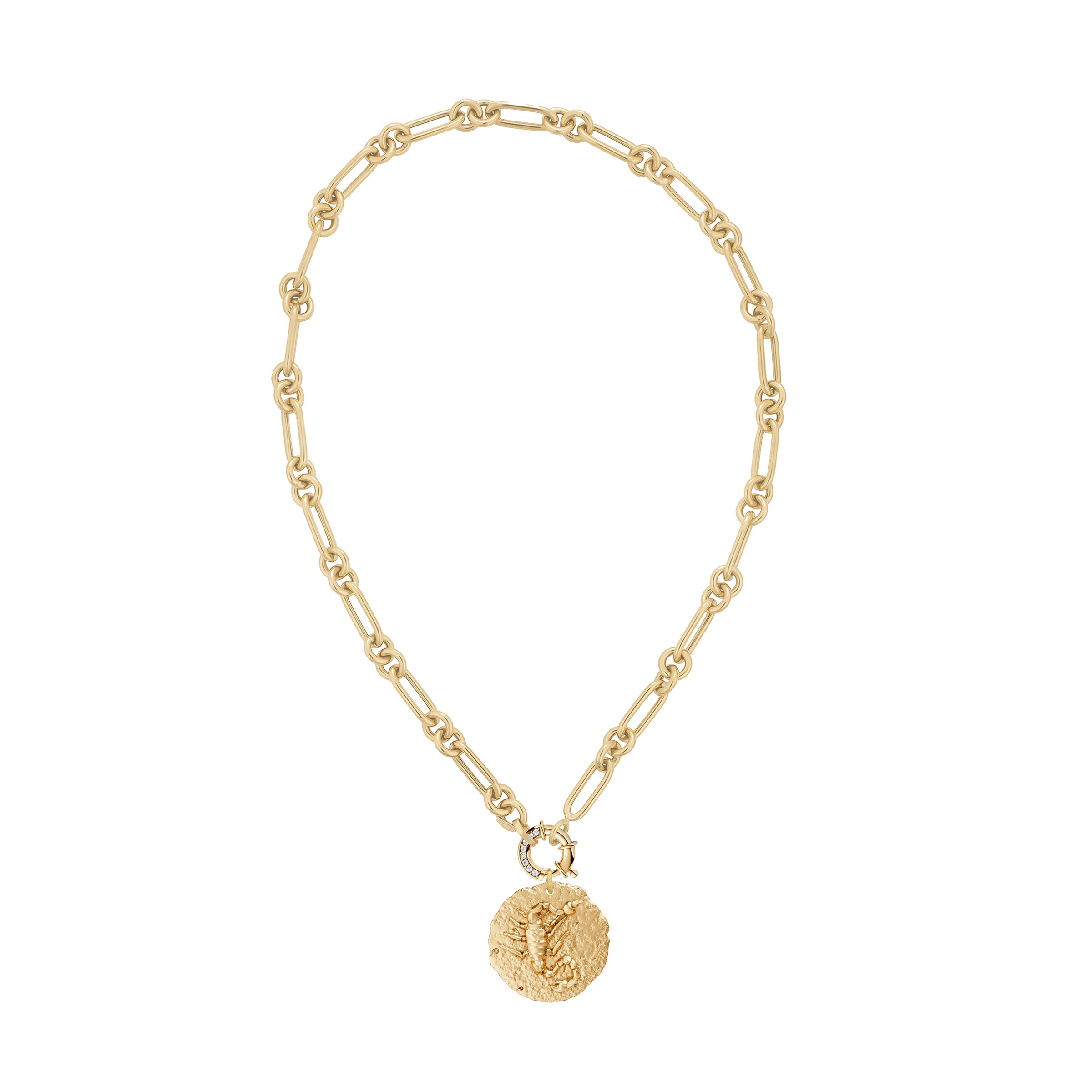 Gold necklace with a circular zodiac scorpio pendant on link chain and white diamond clasp on a white background