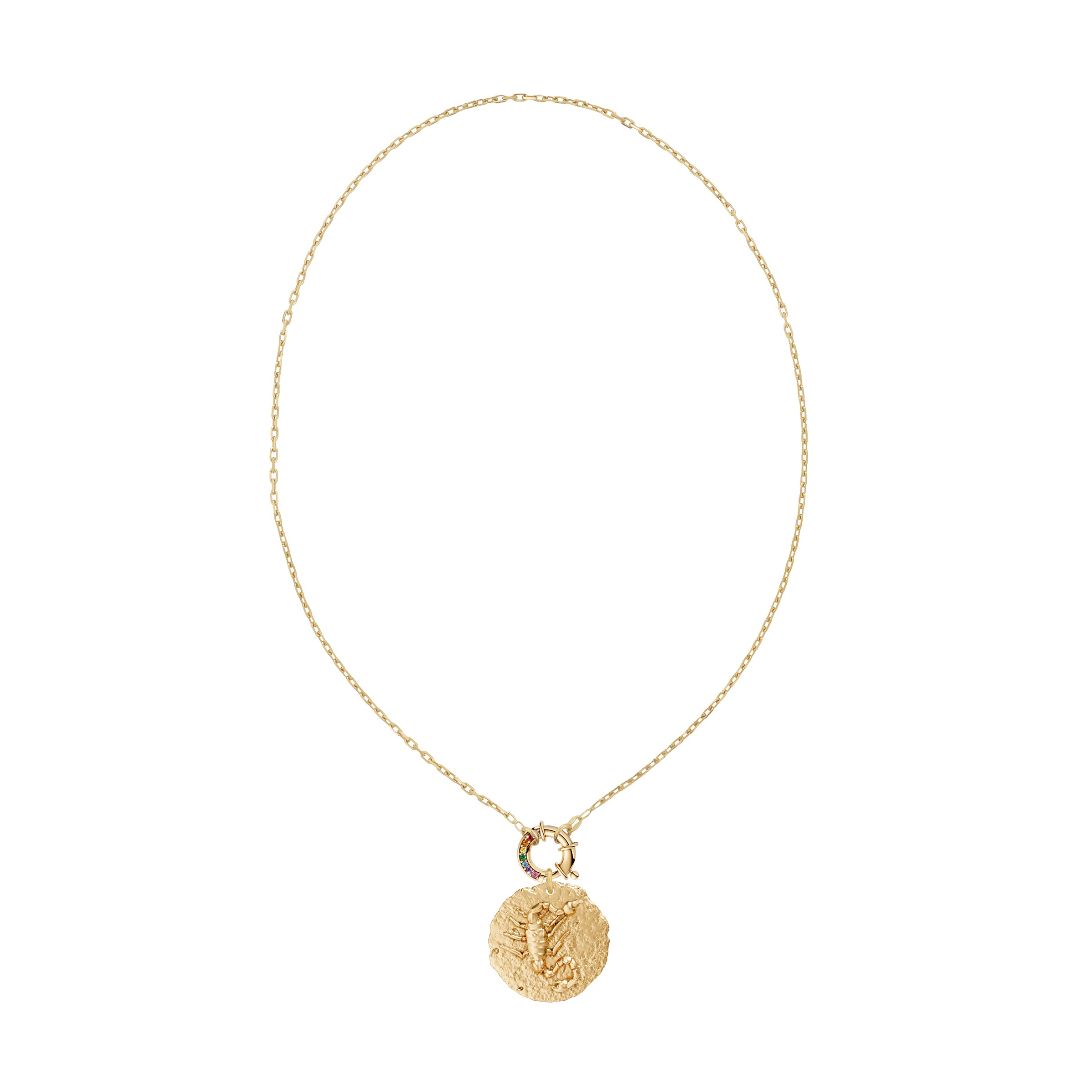 Gold necklace with a circular zodiac scorpio pendant on small link chain and rainbow sapphire clasp on a white background
