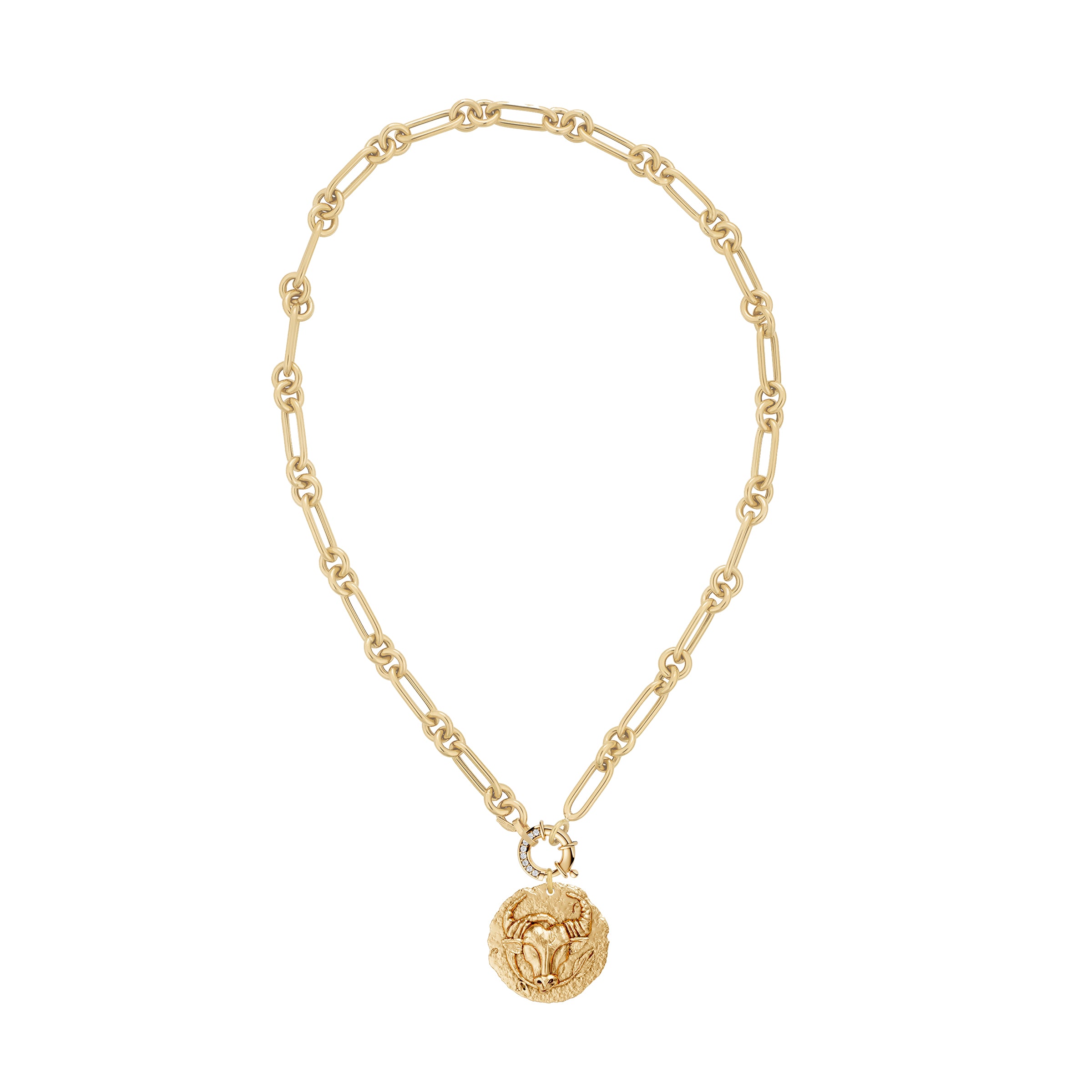 Gold necklace with a taurus zodiac  pendant and a white diamond decorative clasp on a white background
