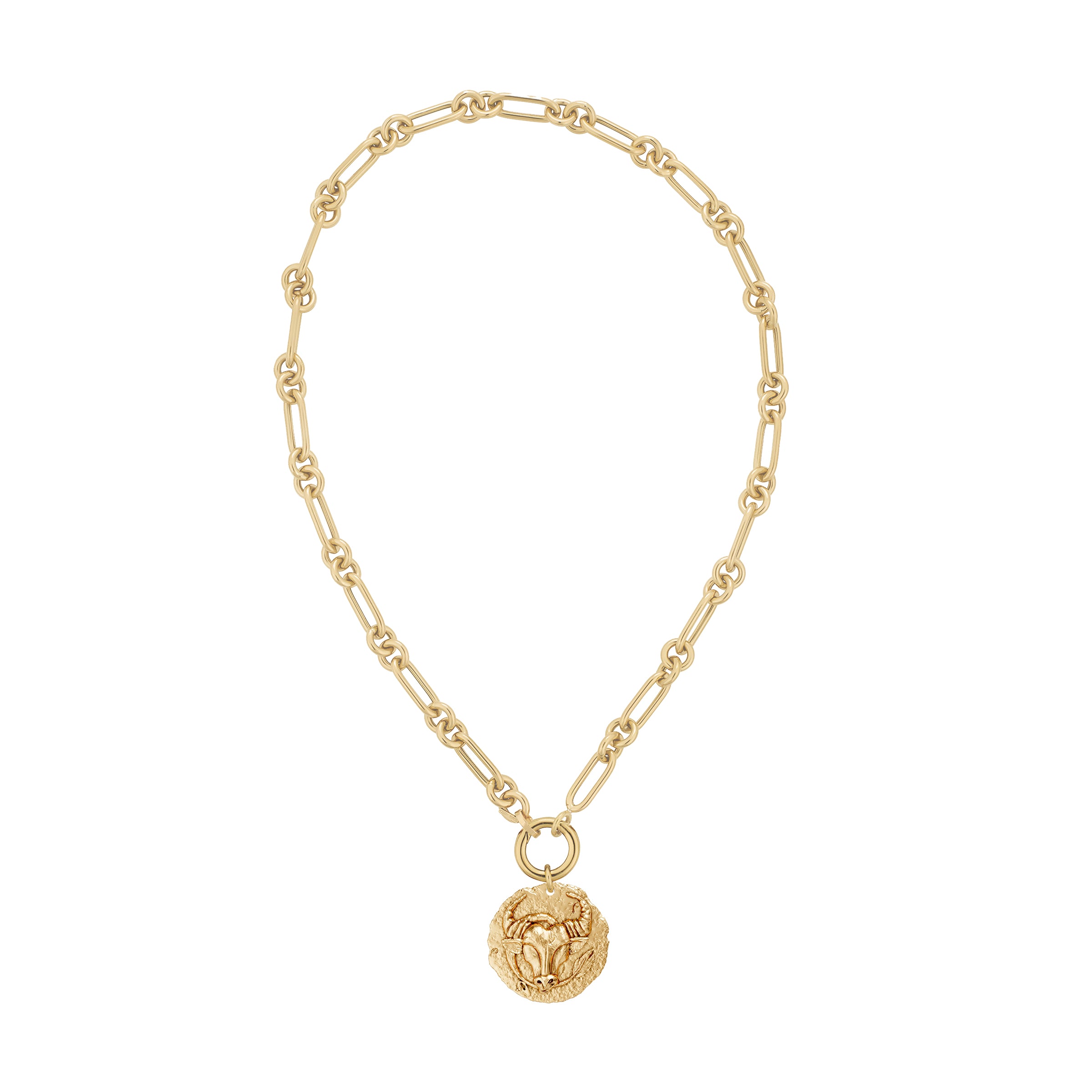 Gold necklace with a taurus zodiac  pendant and a solid gold decorative clasp on a white background