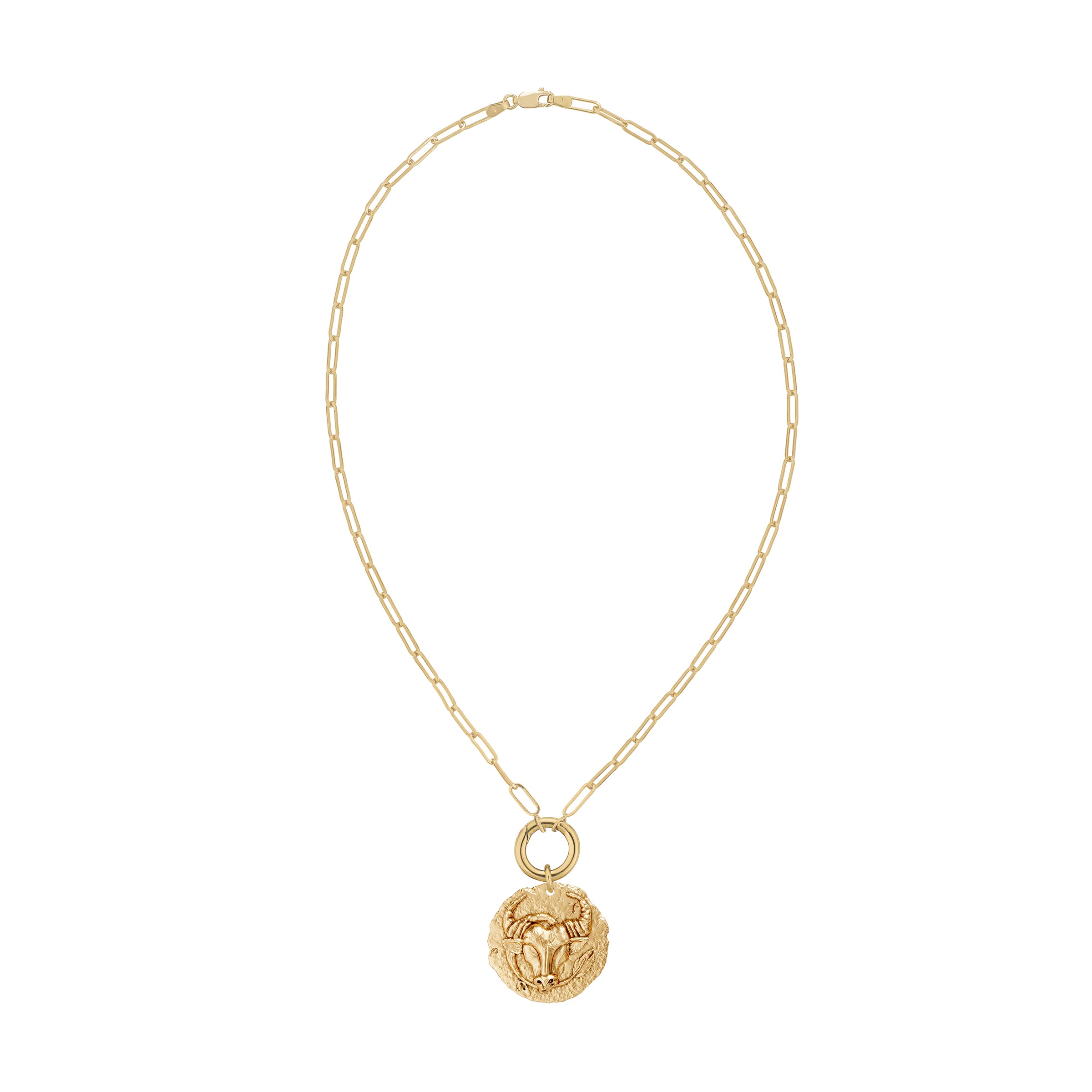 Gold necklace with a taurus zodiac  pendant and a solid gold decorative clasp on a white background